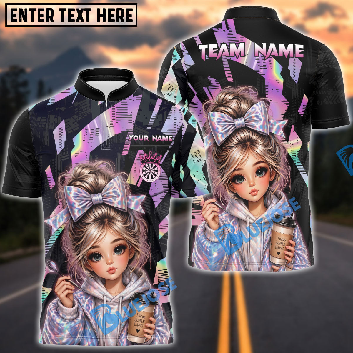 BlueJose Darts Holographic Hoodie Girl Coffee Lover Style Personalized Name, Team Name Unisex Shirt (4 Colors)
