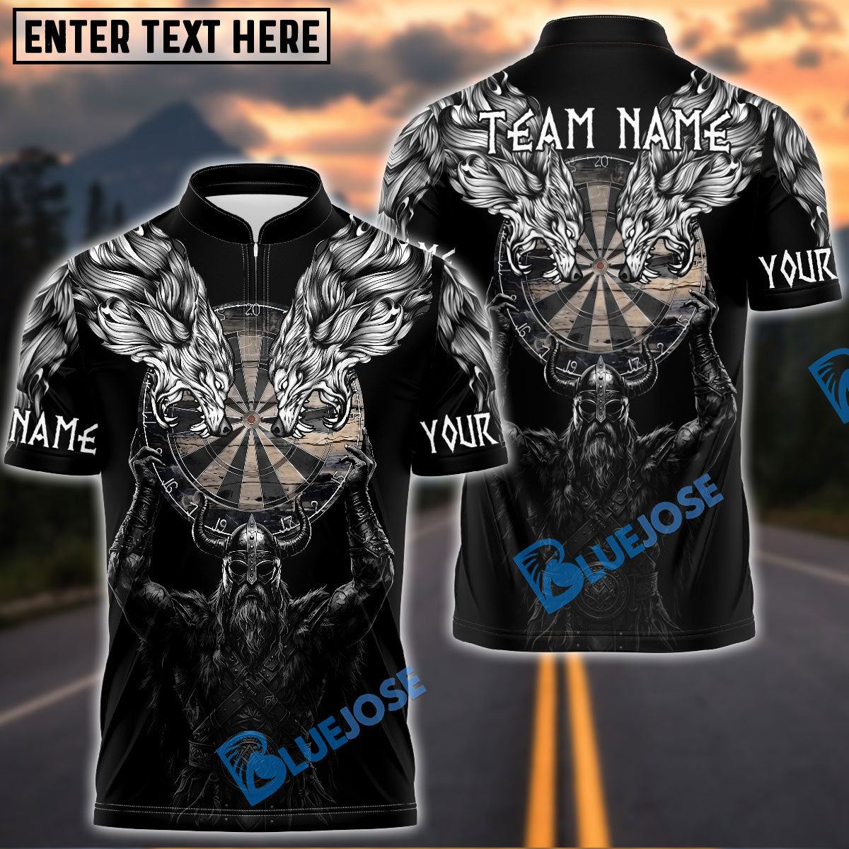 BlueJose Darts Viking Warrior Twin Wolves Dartboard Personalized Name Shirt