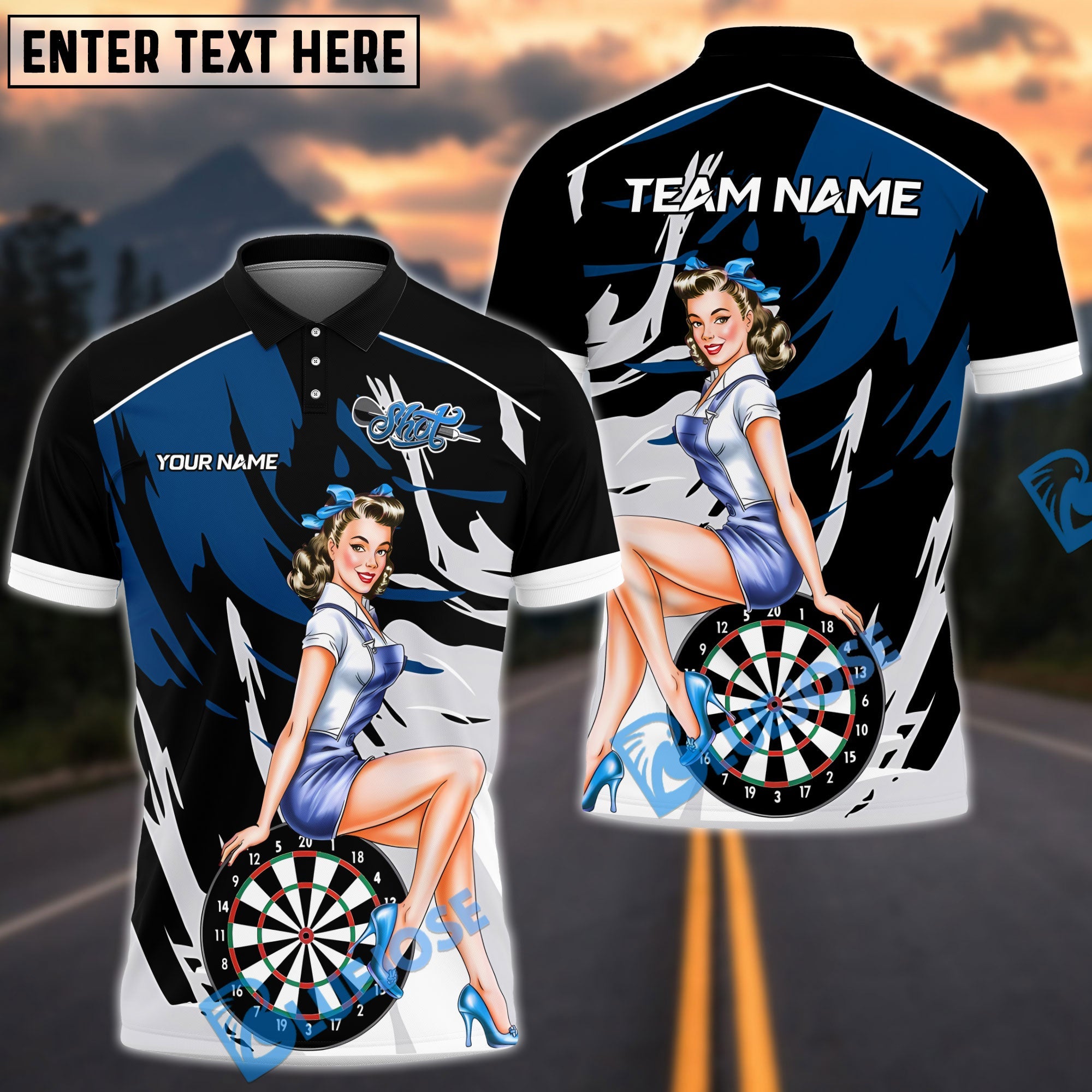 BlueJose Darts Retro Diva Pin-Up Performance Multicolor Options Personalized Name Shirt (4 Colors)