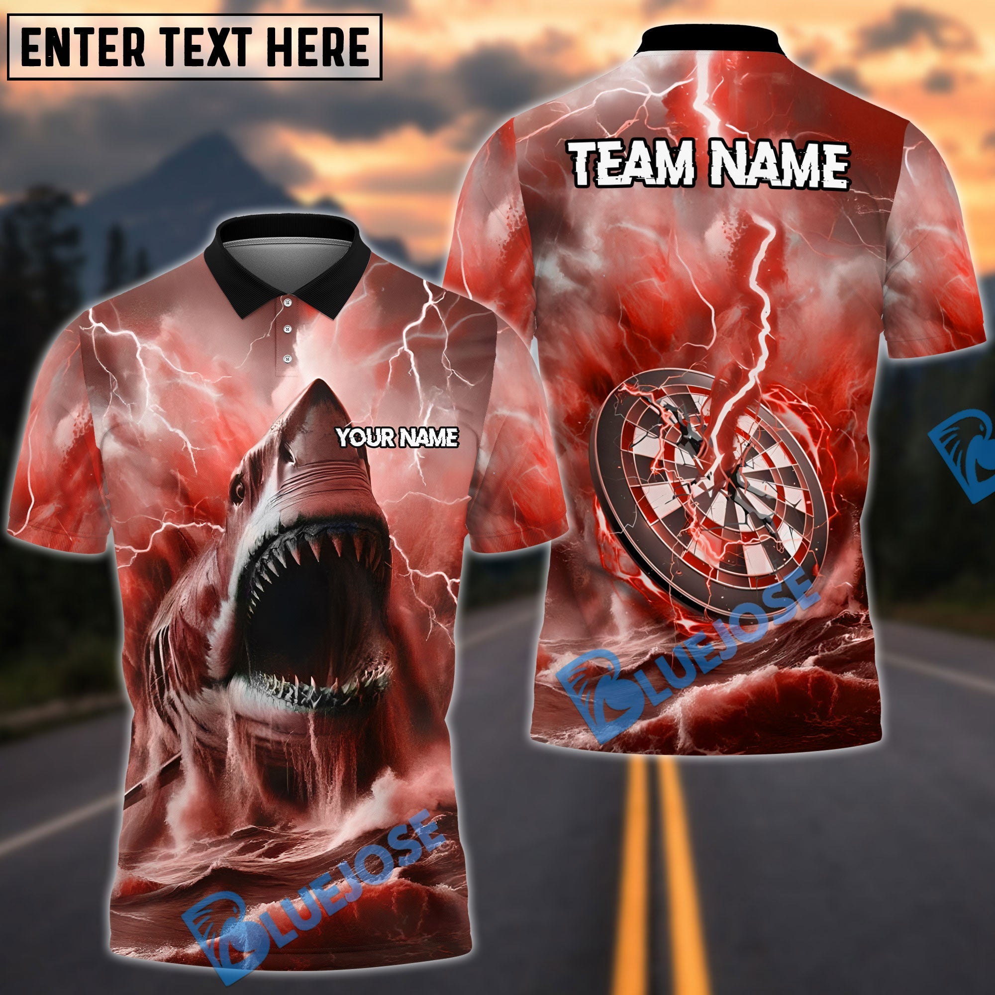 BlueJose Darts Shark and Lightning Customized Name, Team Name 3D Shirt (4 Colors)