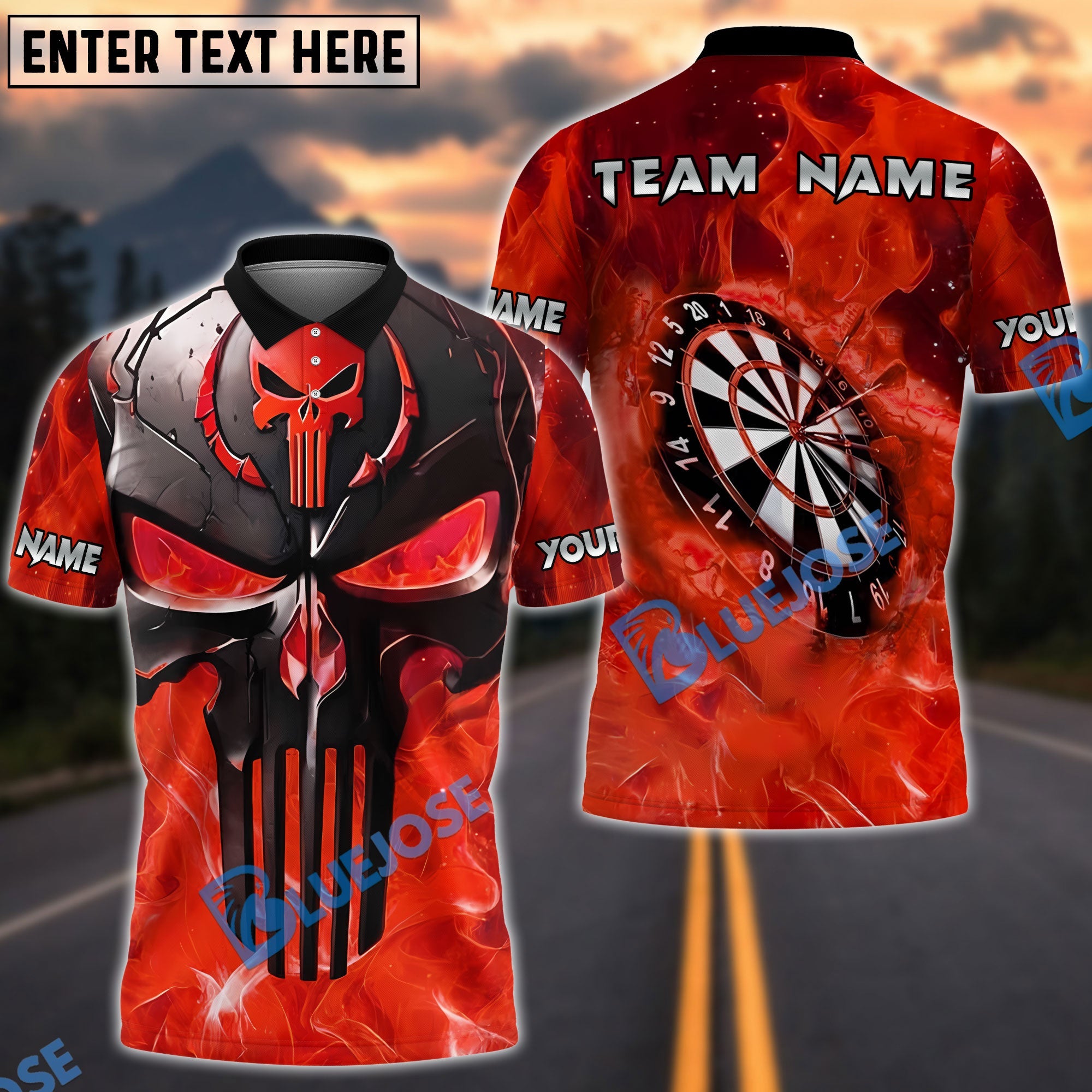 BlueJose Darts Skull Punisher Flame Customized Name, Team Name 3D Shirt (4 Colors)