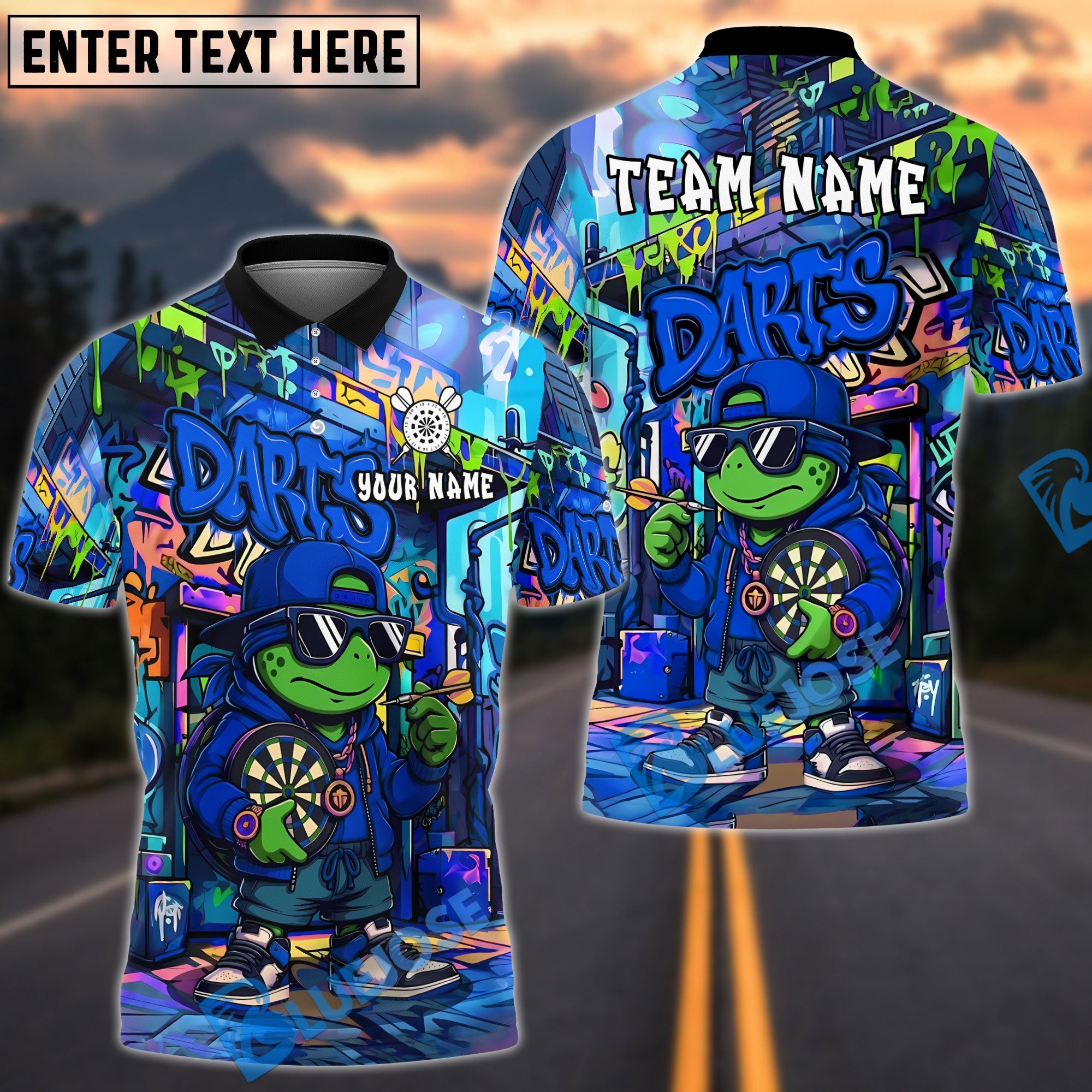 BlueJose Darts Cool Hip-Hop Turtle With Dartboard Design Personalized Name, Team Name Unisex Shirt (4 Colors)