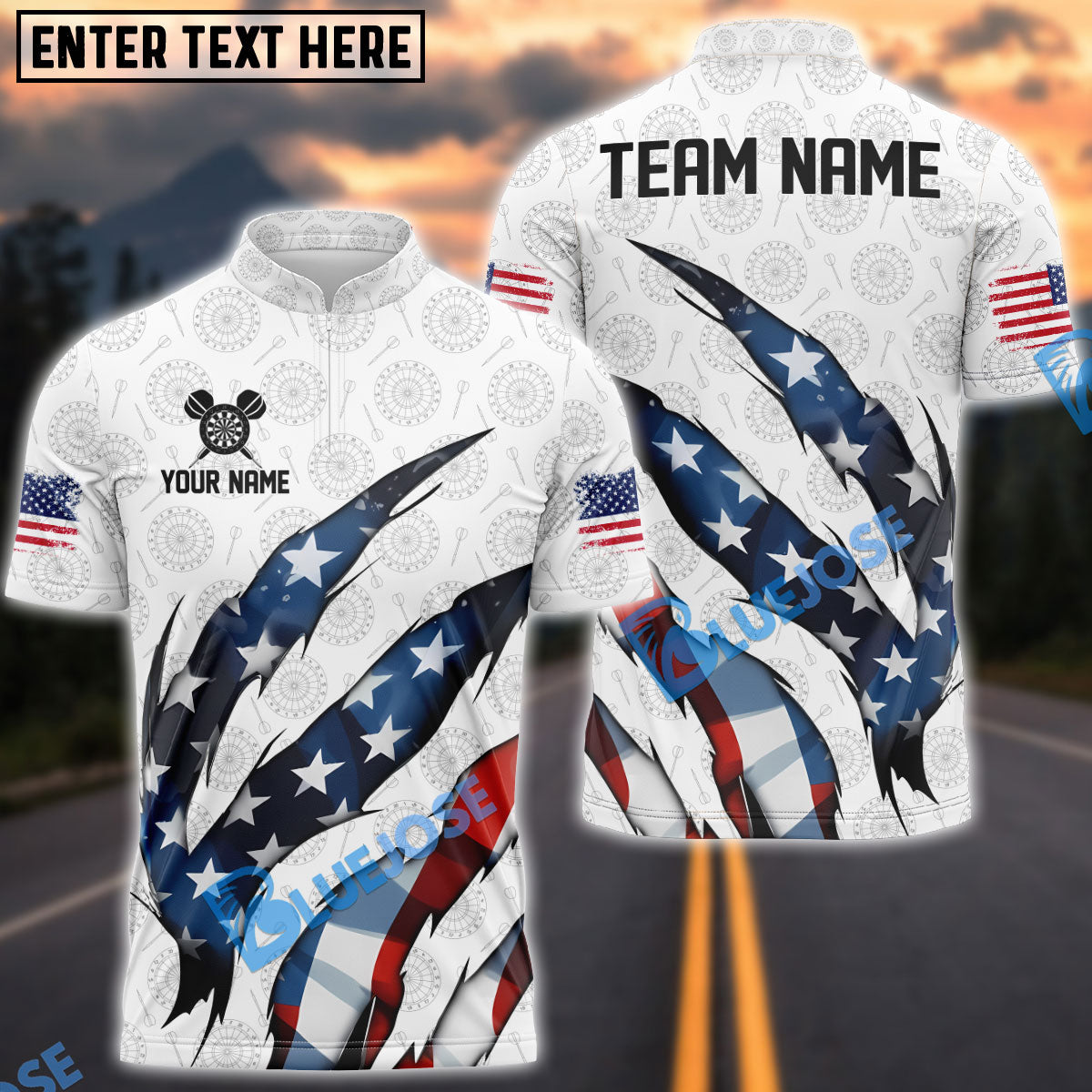 BlueJose Darts Patriotic Scratch Personalized Name, Team Name Shirt (2 Colors)