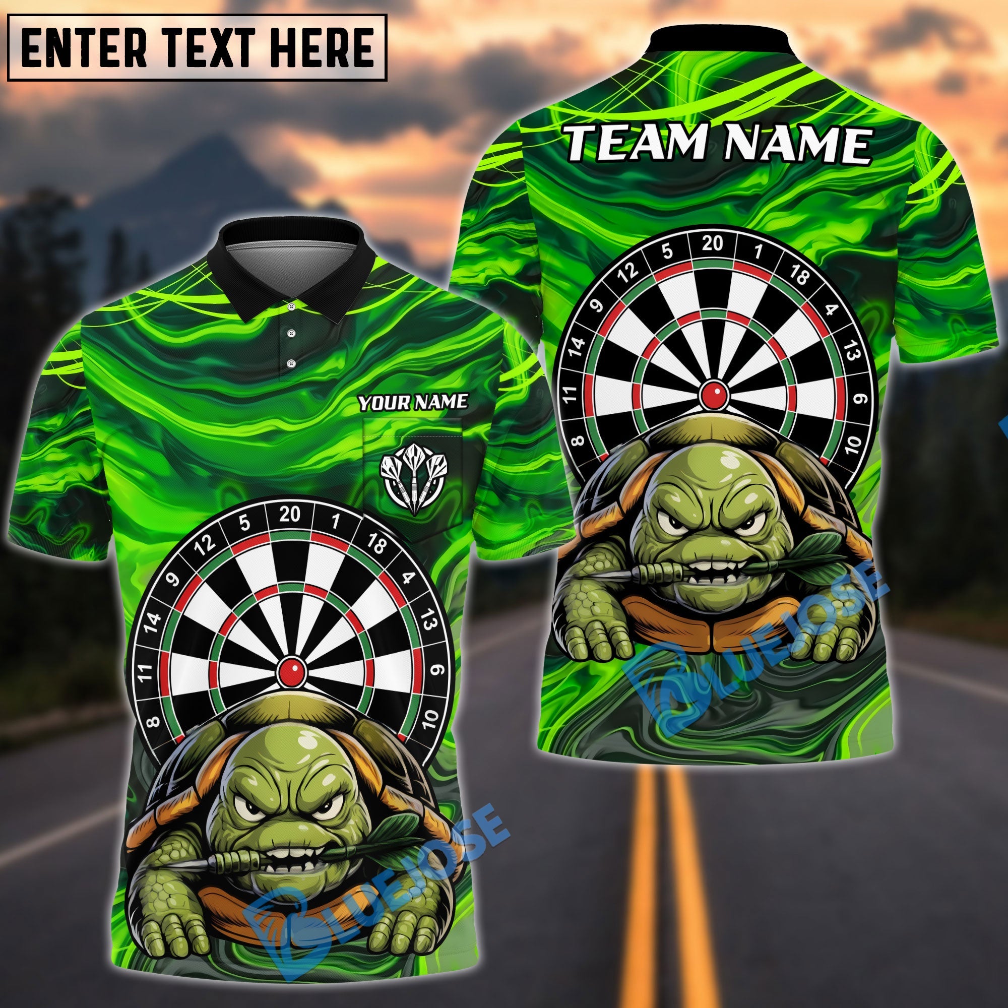 BlueJose Darts Grumpy Turtle Personalized Name, Team Name Unisex Shirt (4 Colors)