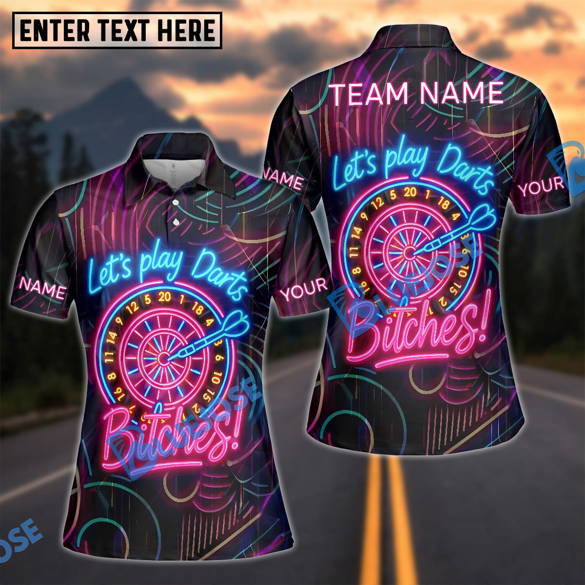 BlueJose Darts Let‚Äôs Play Darts Neon Attitude Style Personalized Name, Team Name Shirt