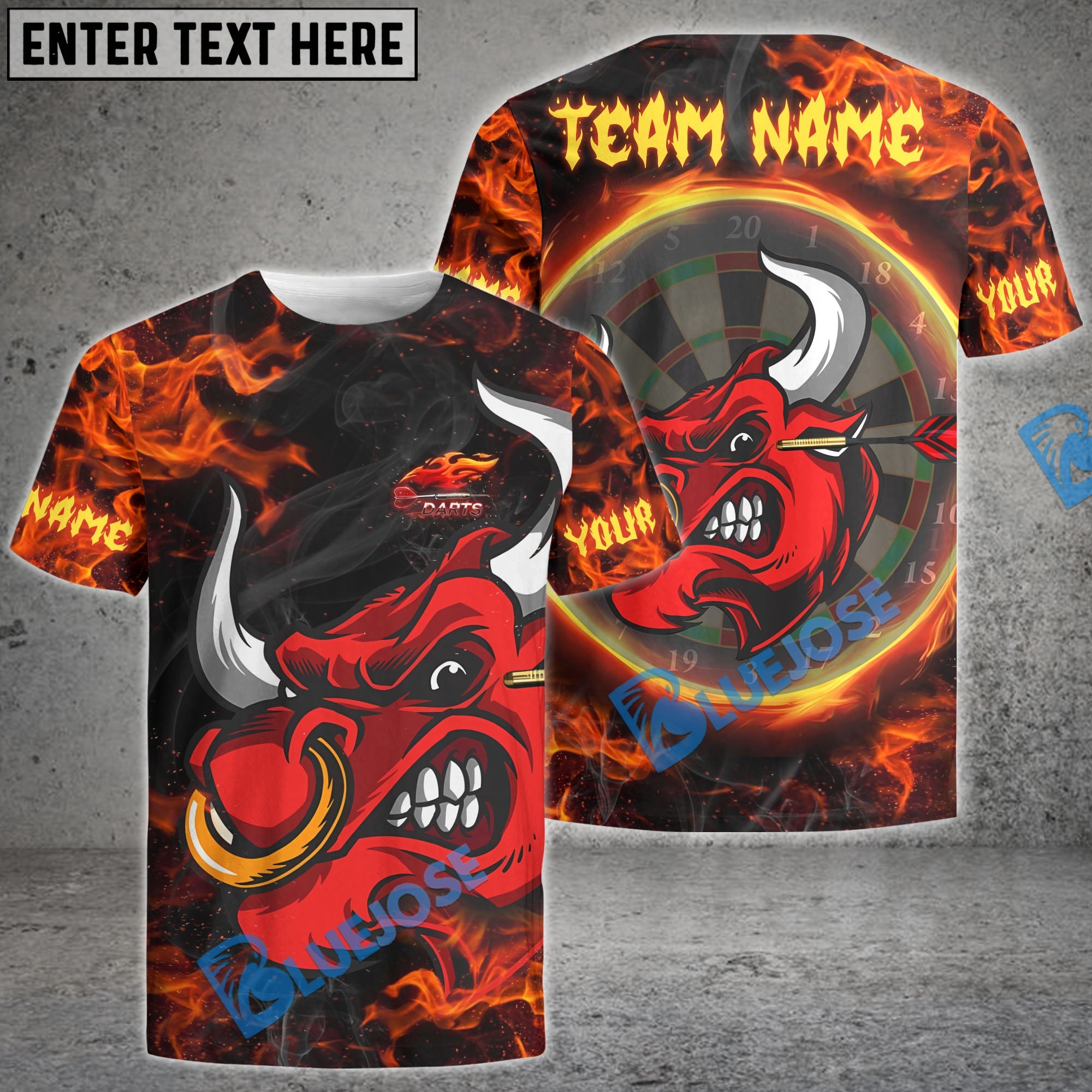 BlueJose Darts Fire Bull Customized Name, Team Name 3D Shirt (4 Colors)