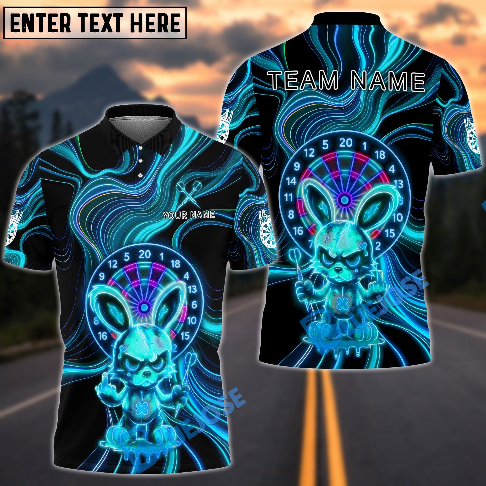 BlueJose Darts Neon Angry Bunny Dartboard Intense Glow Multicolor Options Personalized Name Shirt (4 Colors)