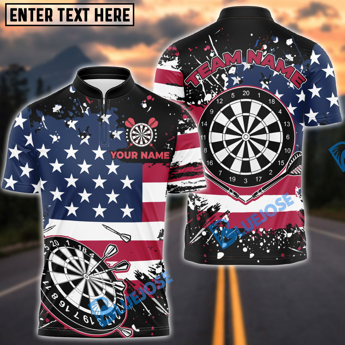 BlueJose Darts American Flag Grunge Paint Splash Patriotic Personalized Name, Team Name Shirt