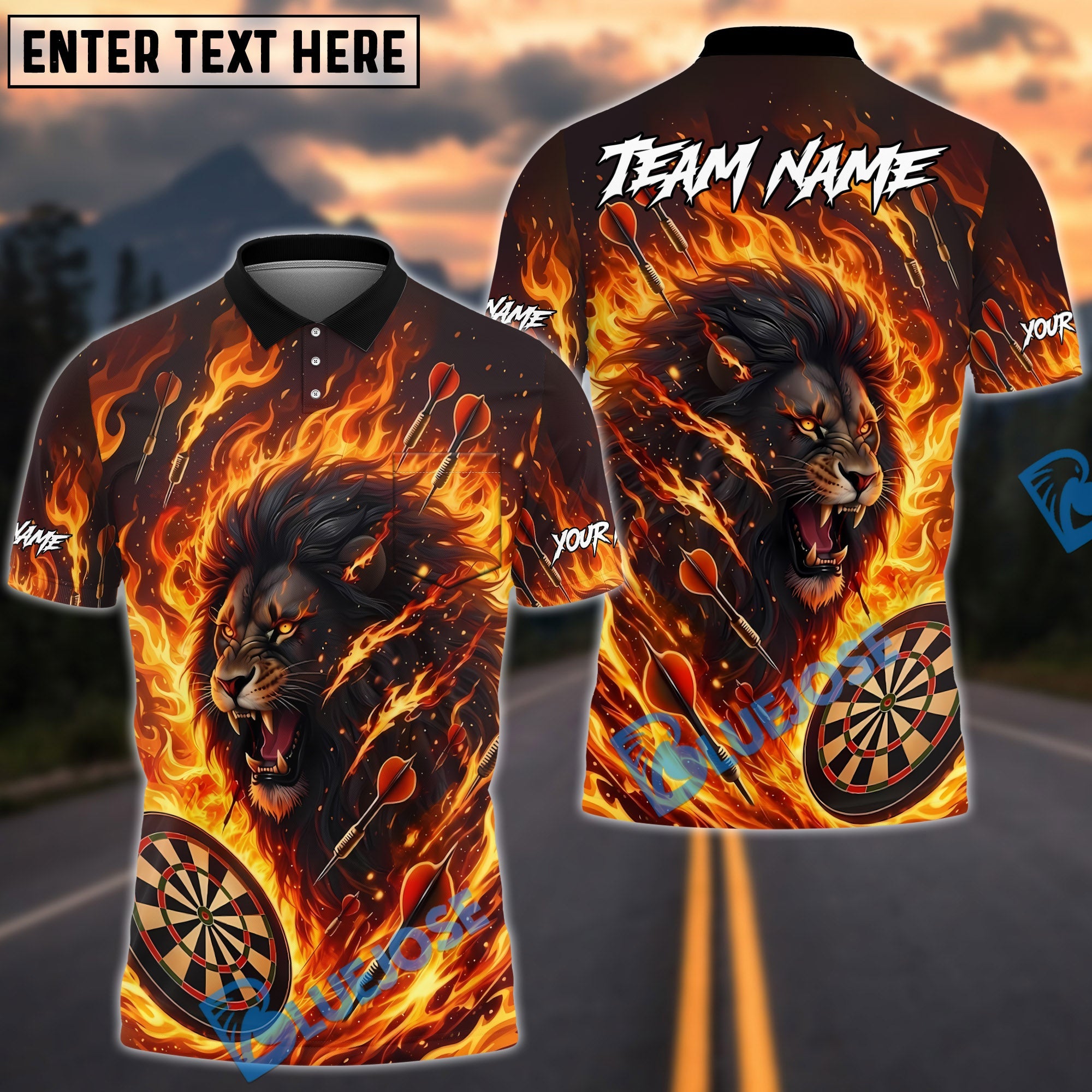 BlueJose Darts Fire Lion Flame Art Design Personalized Name, Team Name Unisex Shirt (4 Colors)