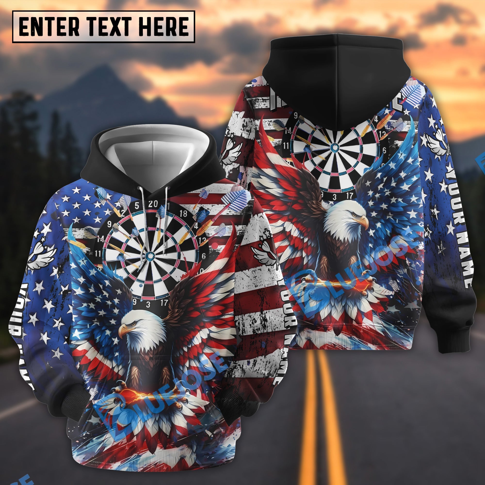 BlueJose Darts Eagle Dartboard American Flag Design Personalized Name Shirt