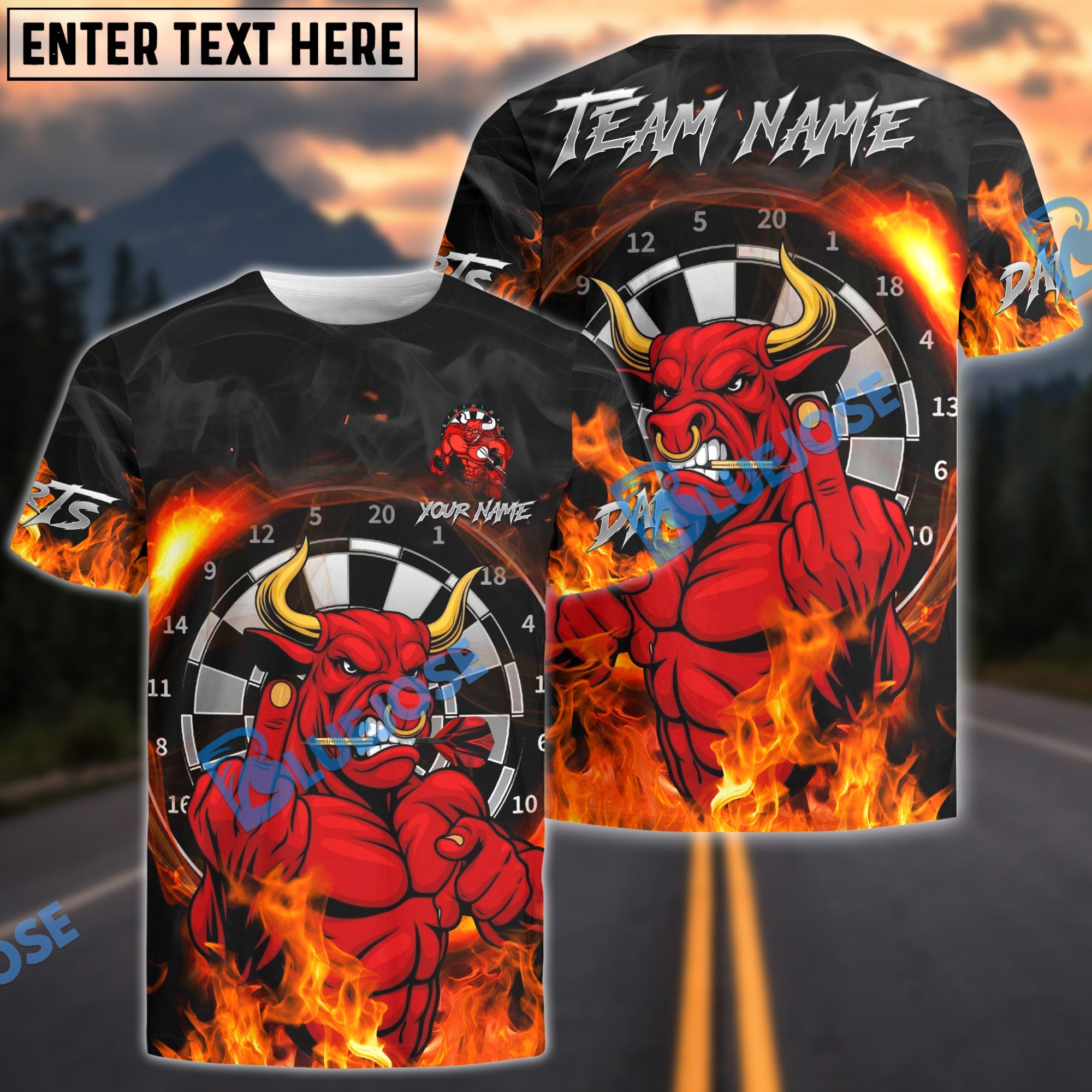 BlueJose Darts Red Bull Fire Personalized Name, Team Name Unisex Shirt (4 Colors)