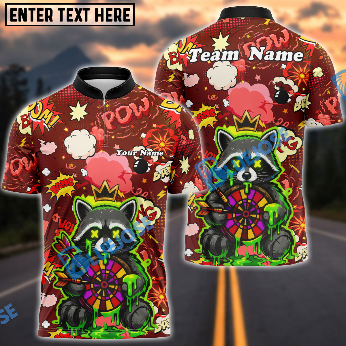 BlueJose Darts Raccoon Dartboard Comic Explosion Multicolor Options Personalized Name Shirt (4 Colors)