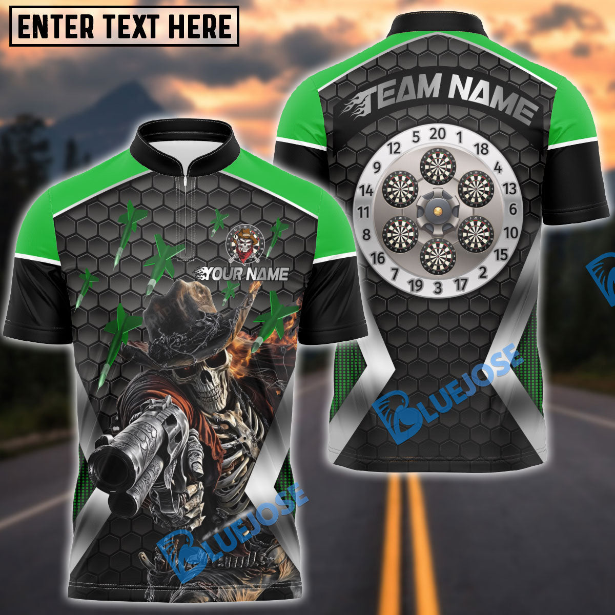 BlueJose Darts Skull Cowboy Personalized Name, Team Name Shirt (4 Colors)