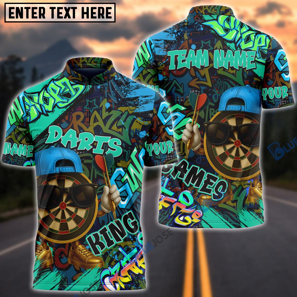 BlueJose Darts Funny Graffiti Cool Aim Crew Multicolor Options Personalized Name Shirt (4 Colors)