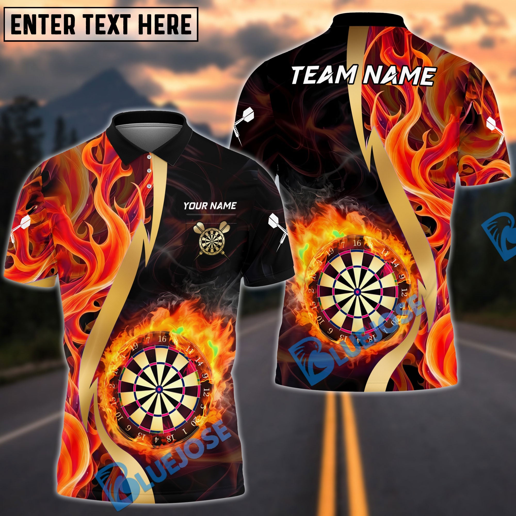 BlueJose Darts Flaming Dartboard Shirt Fire Burst Golden Streak Multicolor Options Personalized Name Shirt (4 Colors)