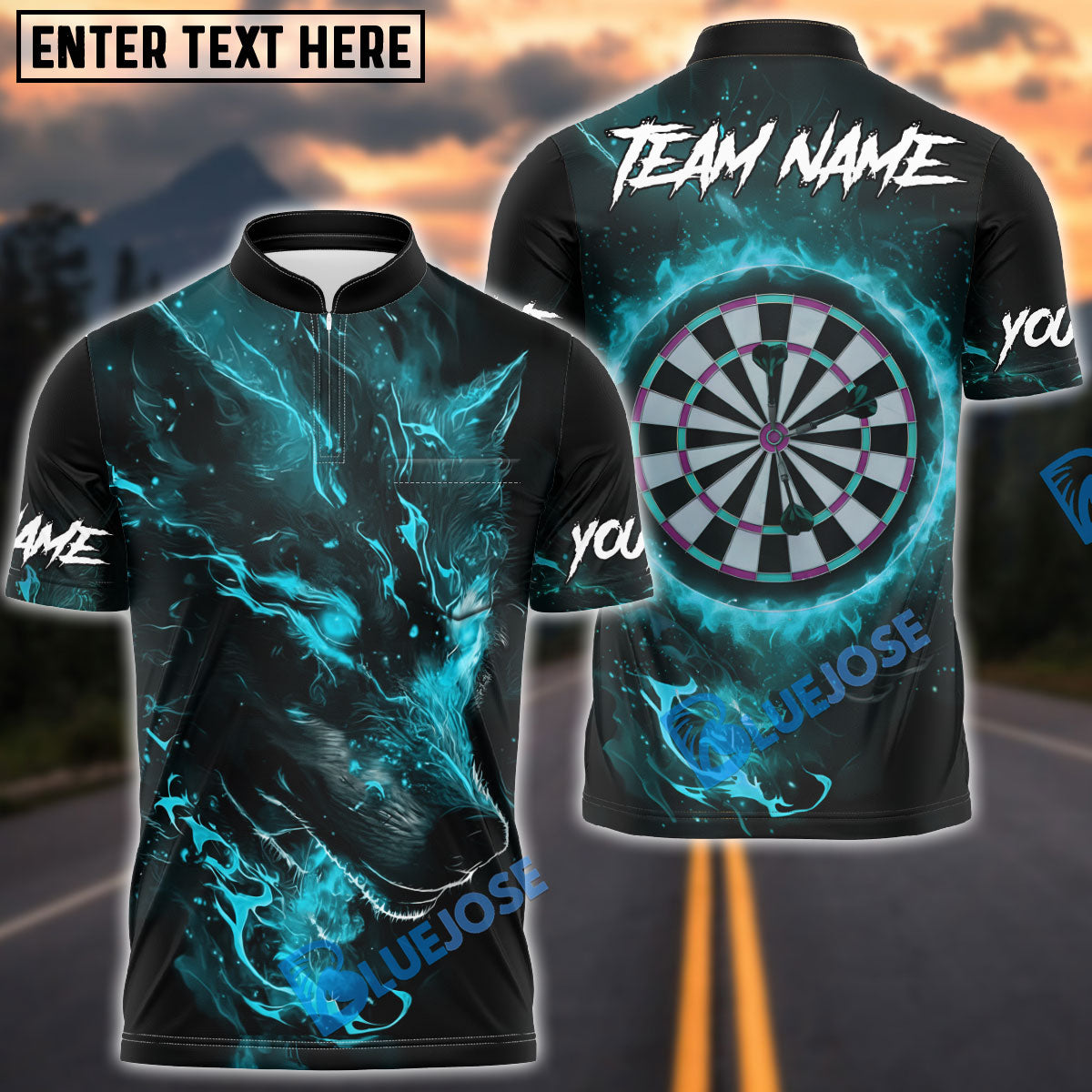 BlueJose Darts Wolf Head Fire Eye Dartboard Personalized Name, Team Name Unisex Shirt (4 Colors)
