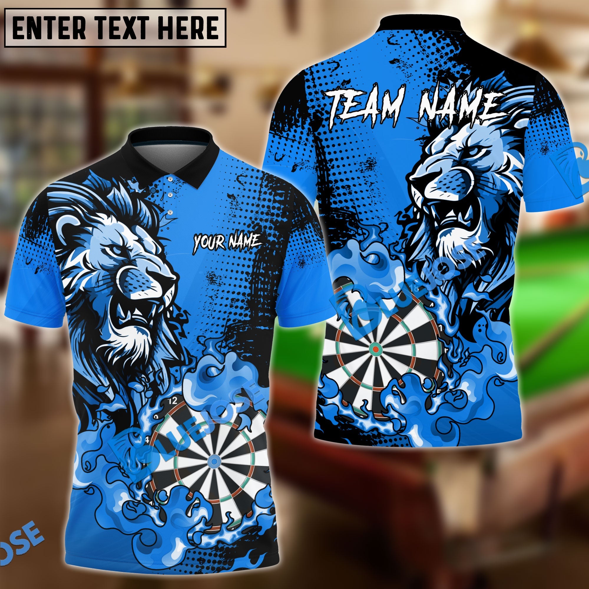 BlueJose Darts Flame Lion Personalized Name, Team Name Pocket Shirt (4 Colors)