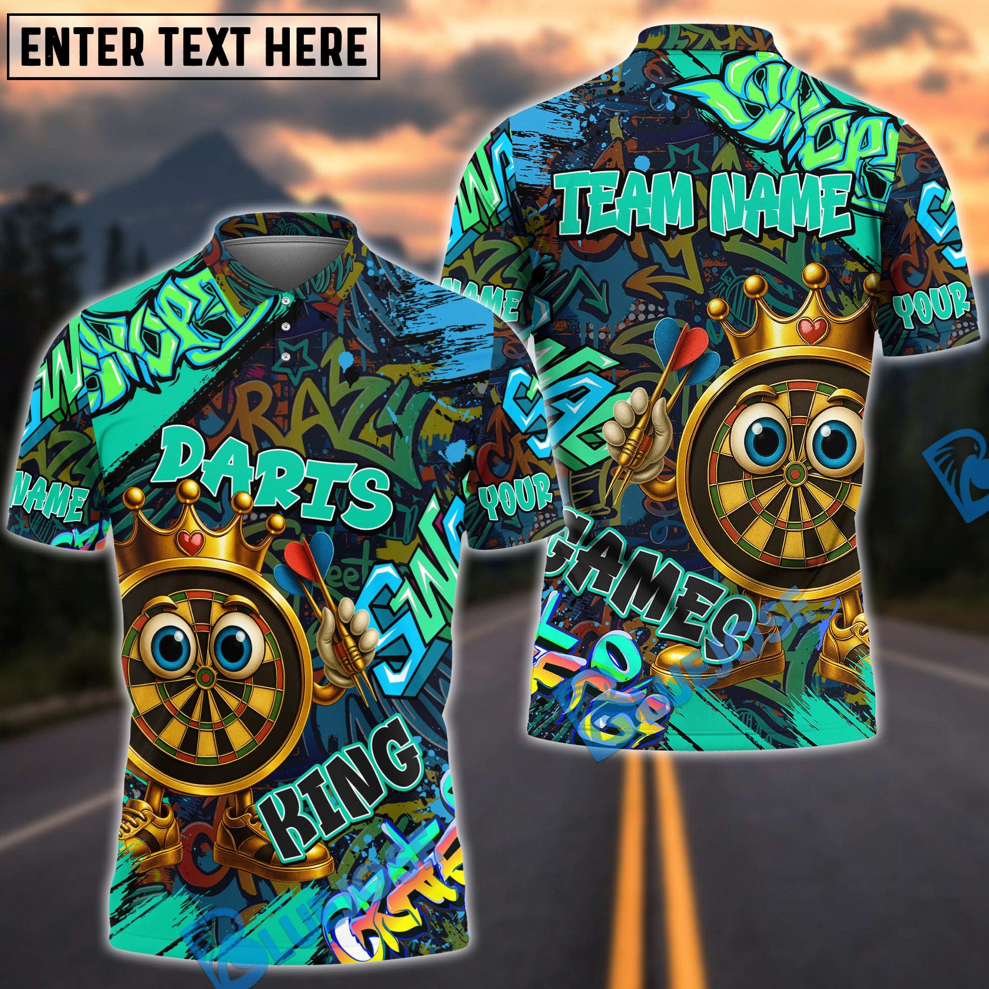 BlueJose Darts Crown Graffiti Champion Multicolor Options Personalized Name Shirt (4 Colors)
