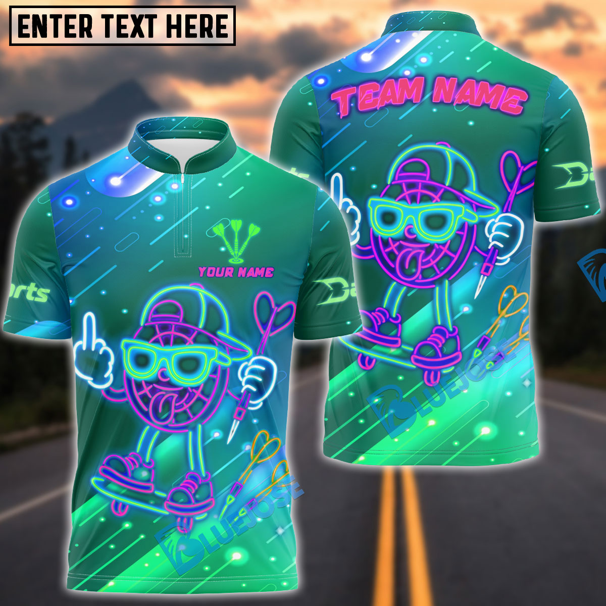 BlueJose Darts Neon Skater Target Cartoon Style Customized Name, Team Name 3D Shirt (4 Colors)