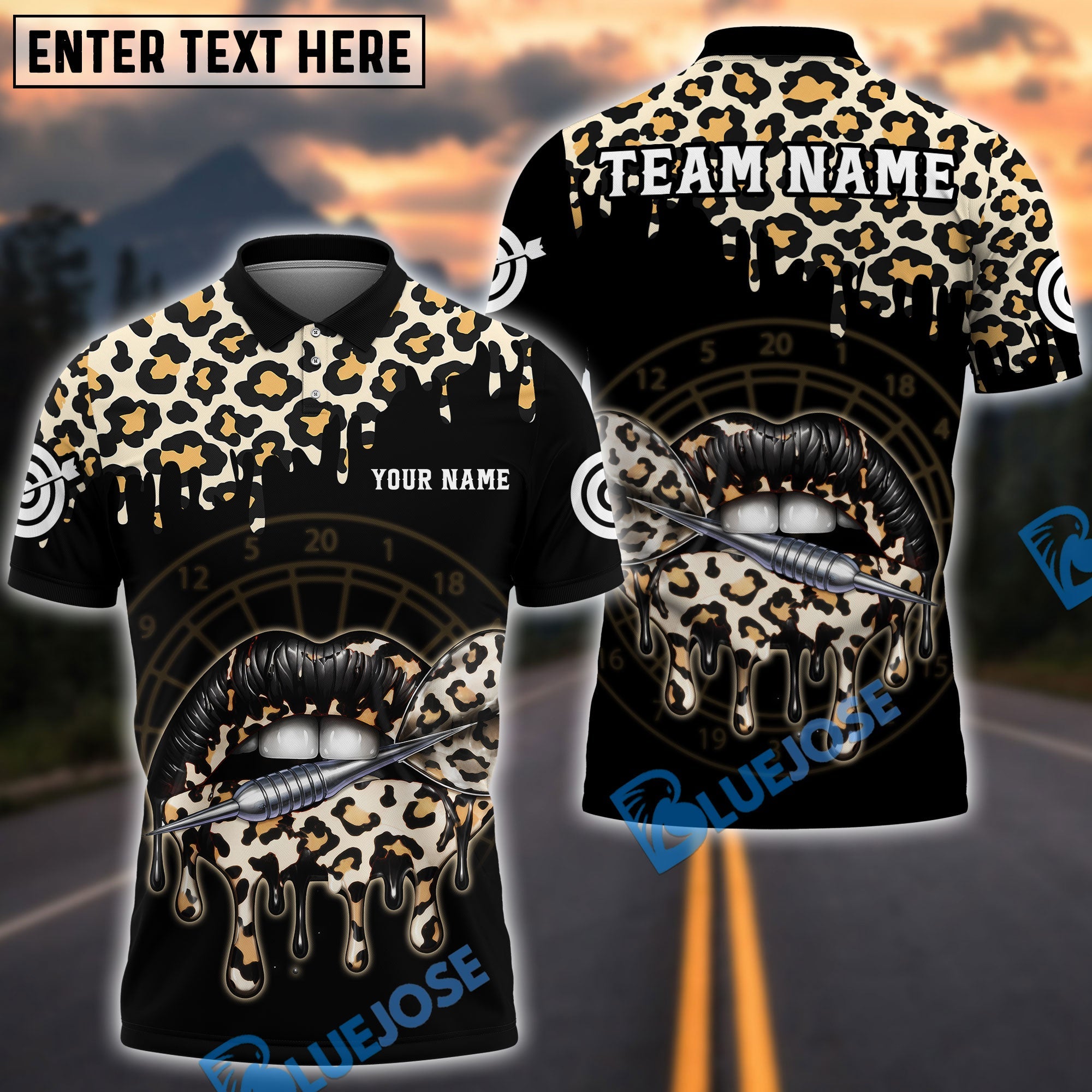 BlueJose Darts Leopard Lips Dartboard Personalized Name, Team Name Shirt (6 Colors)