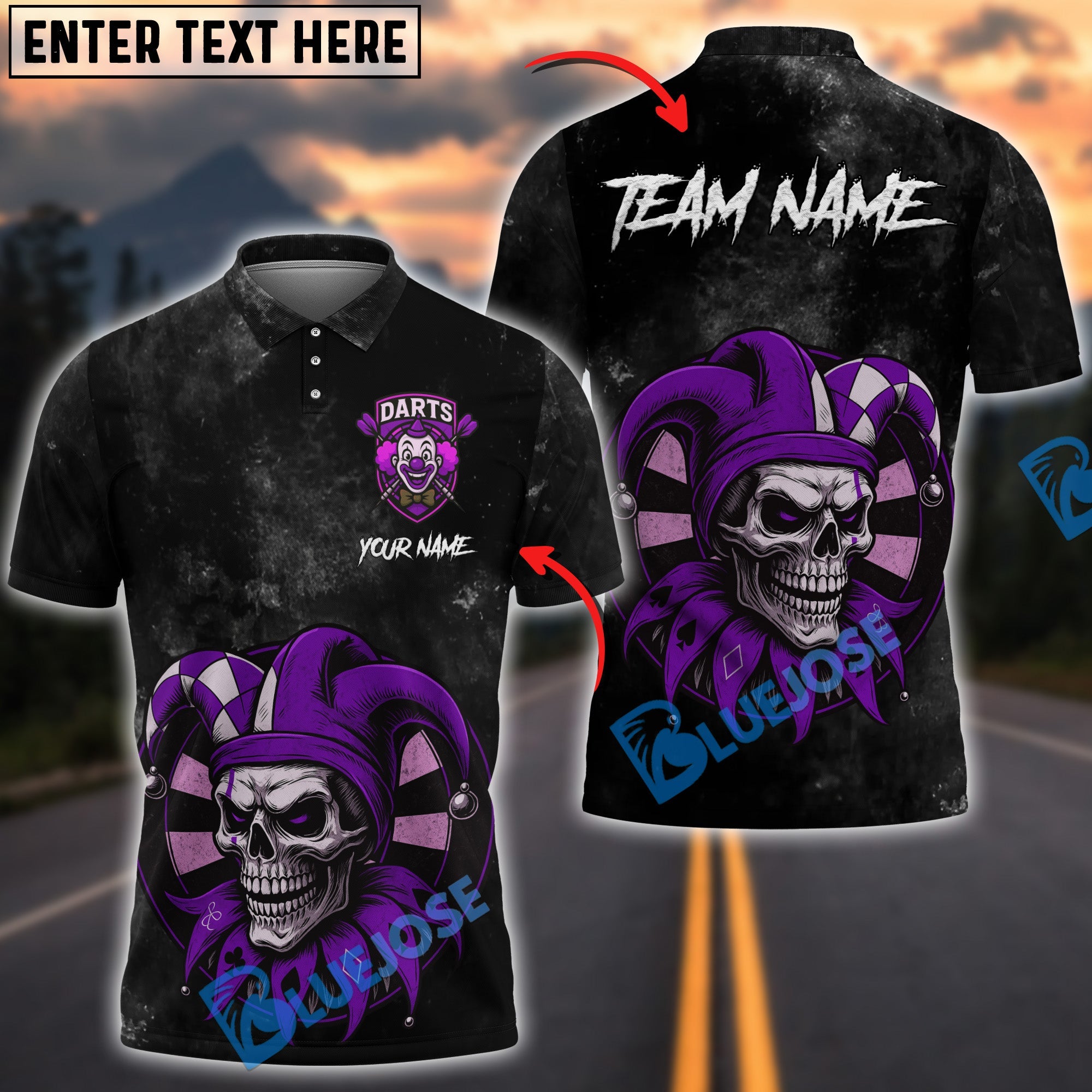 BlueJose Darts Joker Skull Master Personalized Name, Team Name Shirt (4 Colors)