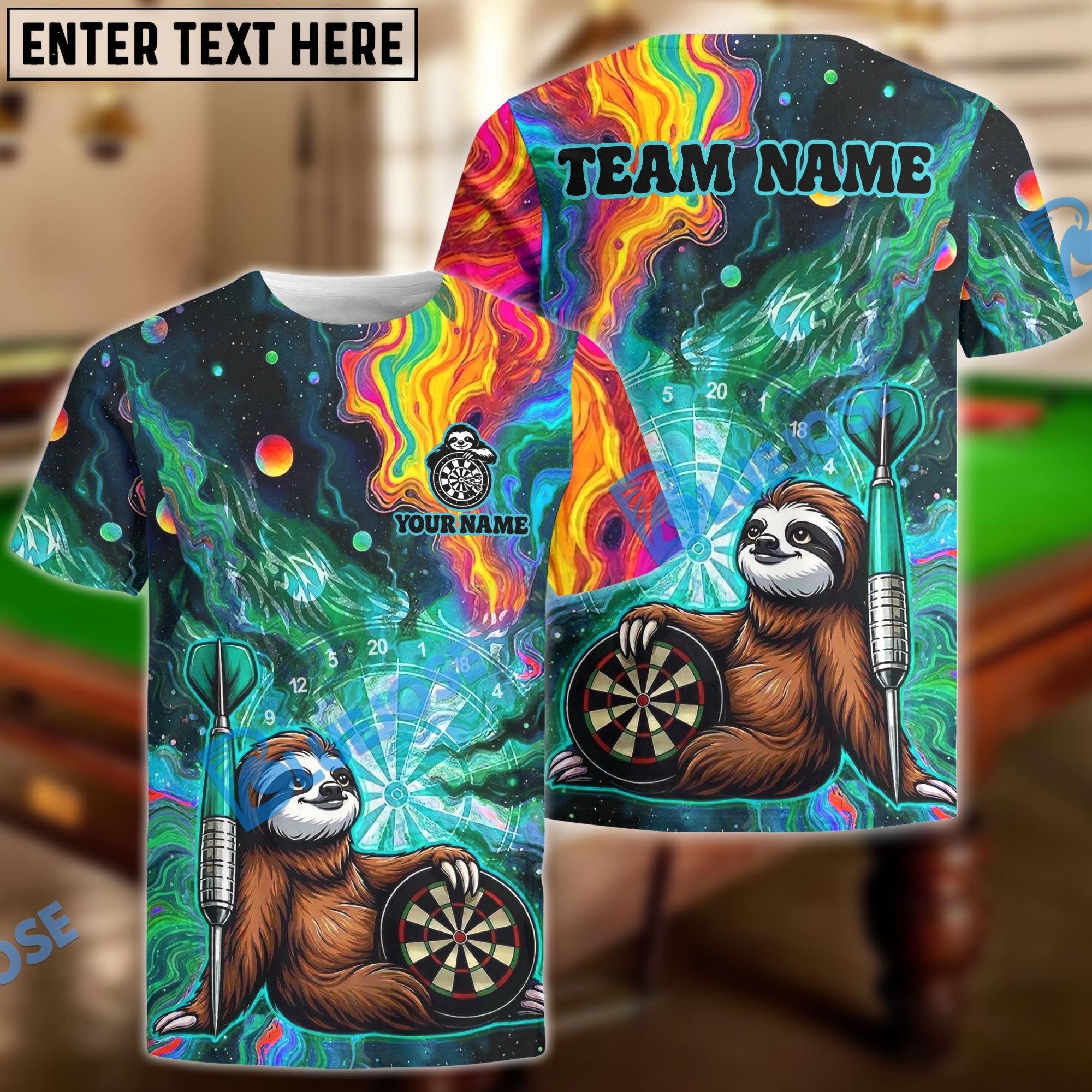 BlueJose Darts Funny Cute Sloths Design Personalized Name, Team Name Unisex Shirt (4 Colors)