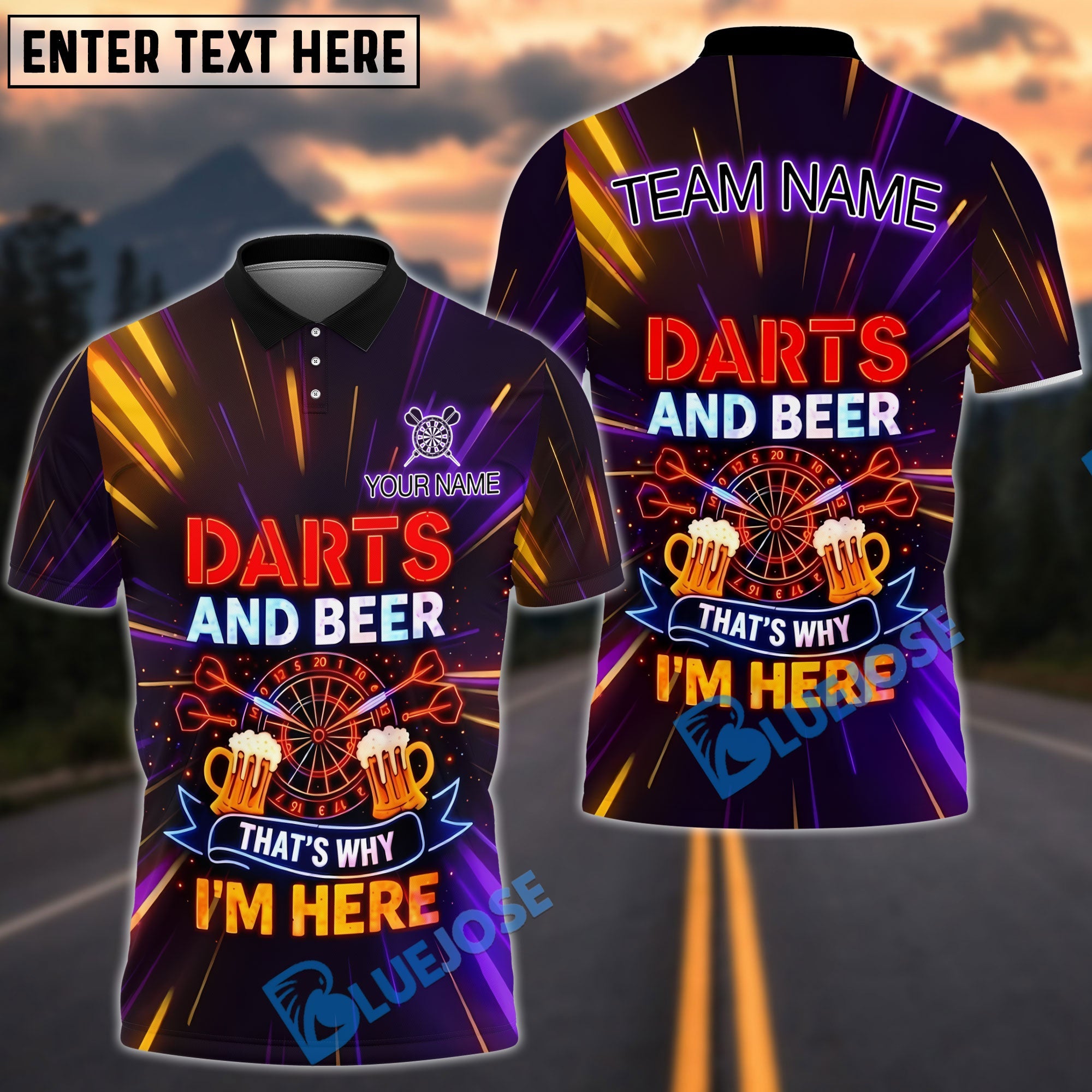 BlueJose Darts Neon Funny Quote Darts And Beer That‚Äôs Why I‚Äôm Here Personalized Name Shirt