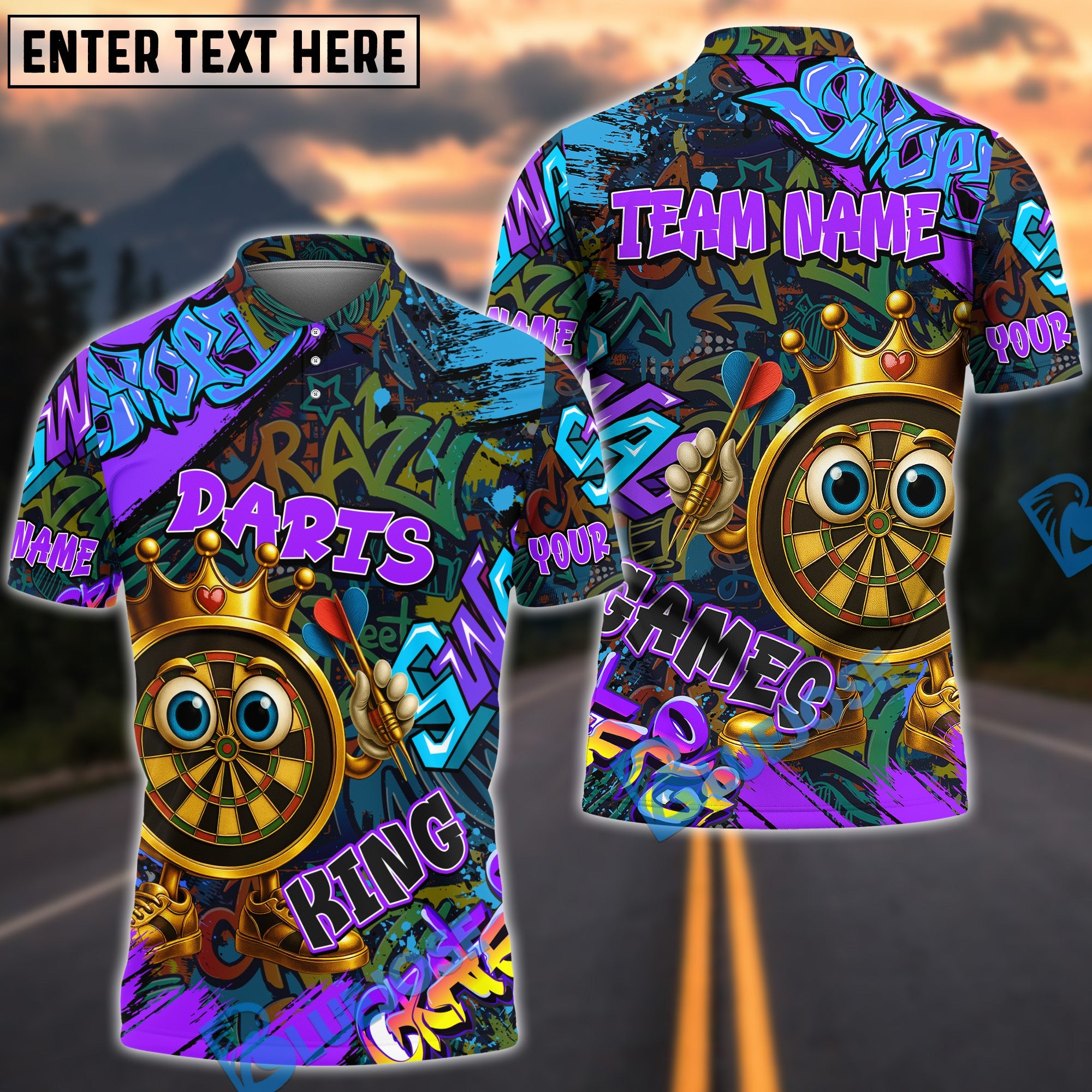 BlueJose Darts Crown Graffiti Champion Multicolor Options Personalized Name Shirt (4 Colors)