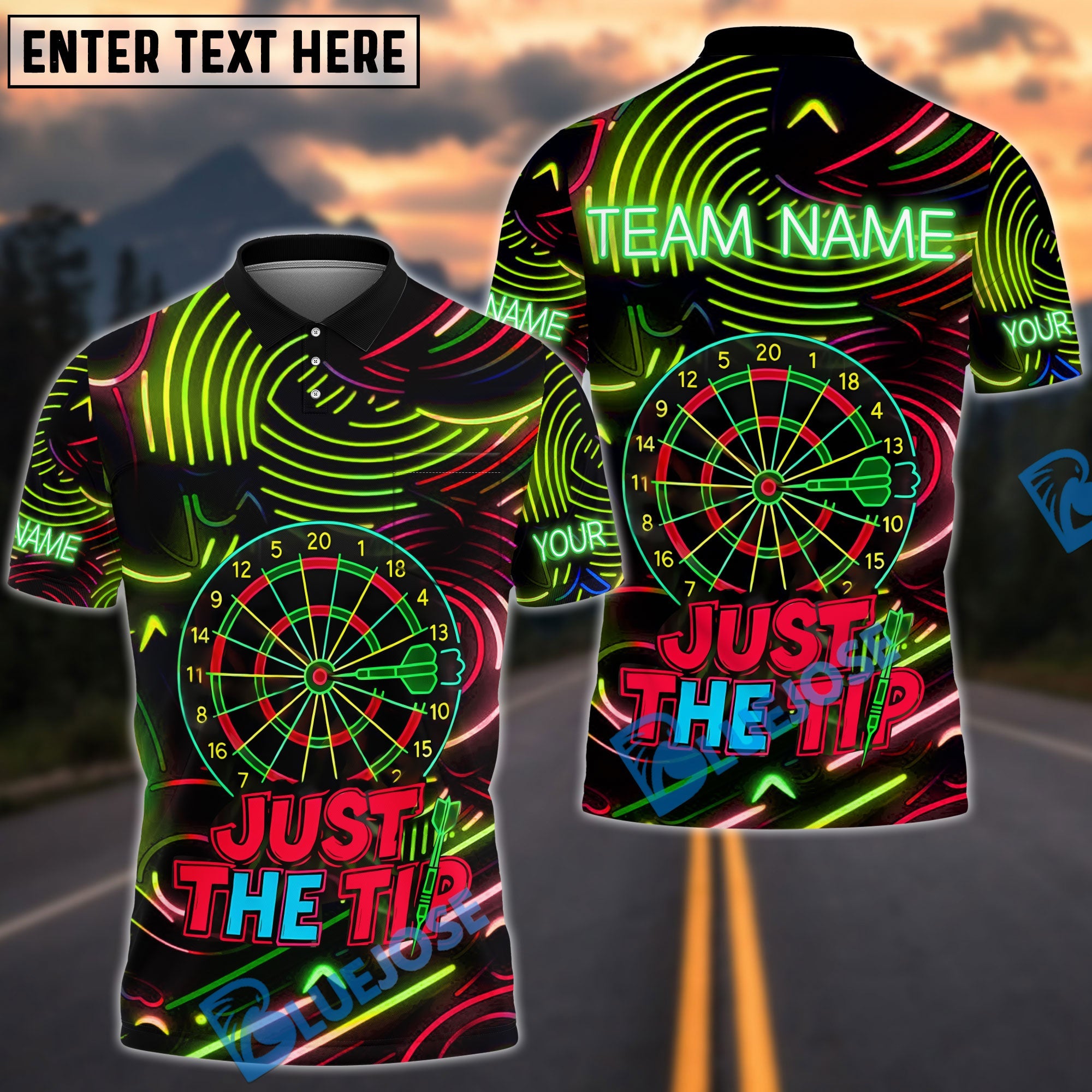 BlueJose Just the Tip Funny Darts Neon Style Personalized Name, Team Name Shirt