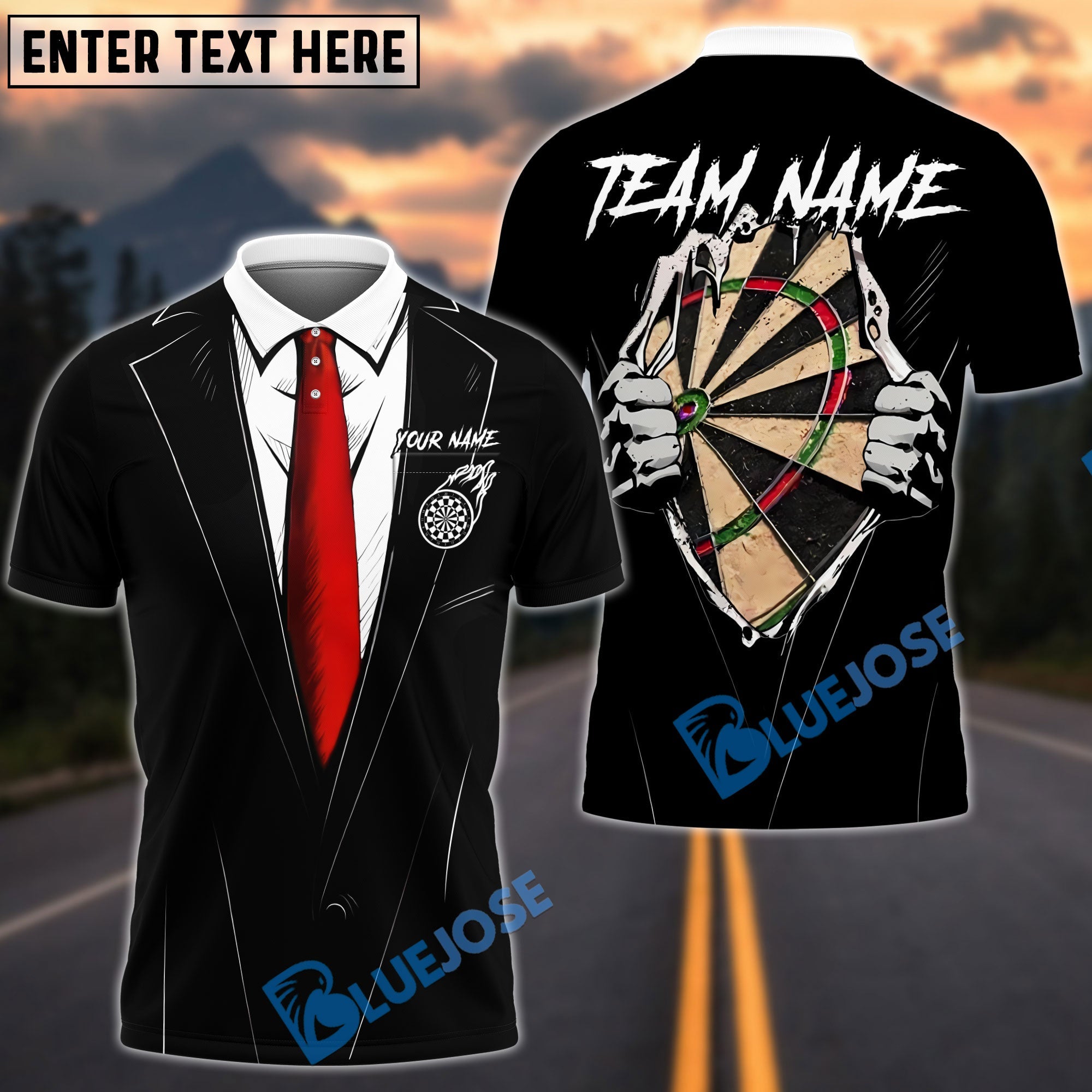 BlueJose Darts Tuxedo Style Hidden Dartboard Customized Name, Team Name 3D Shirt (4 Colors)