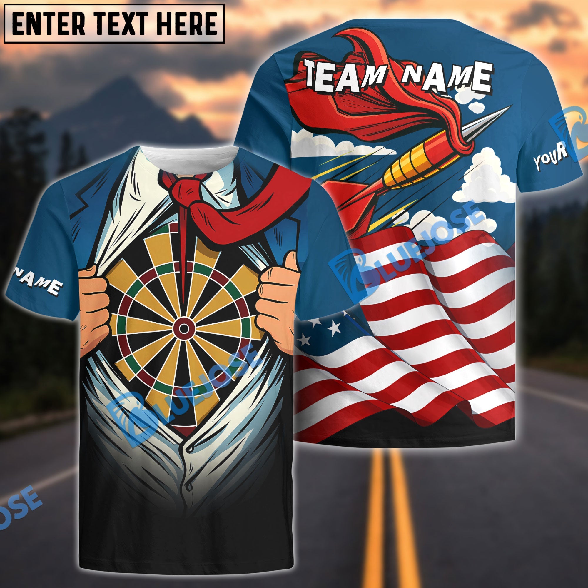 BlueJose Darts American Super Arrow Man Personalized Name Shirt