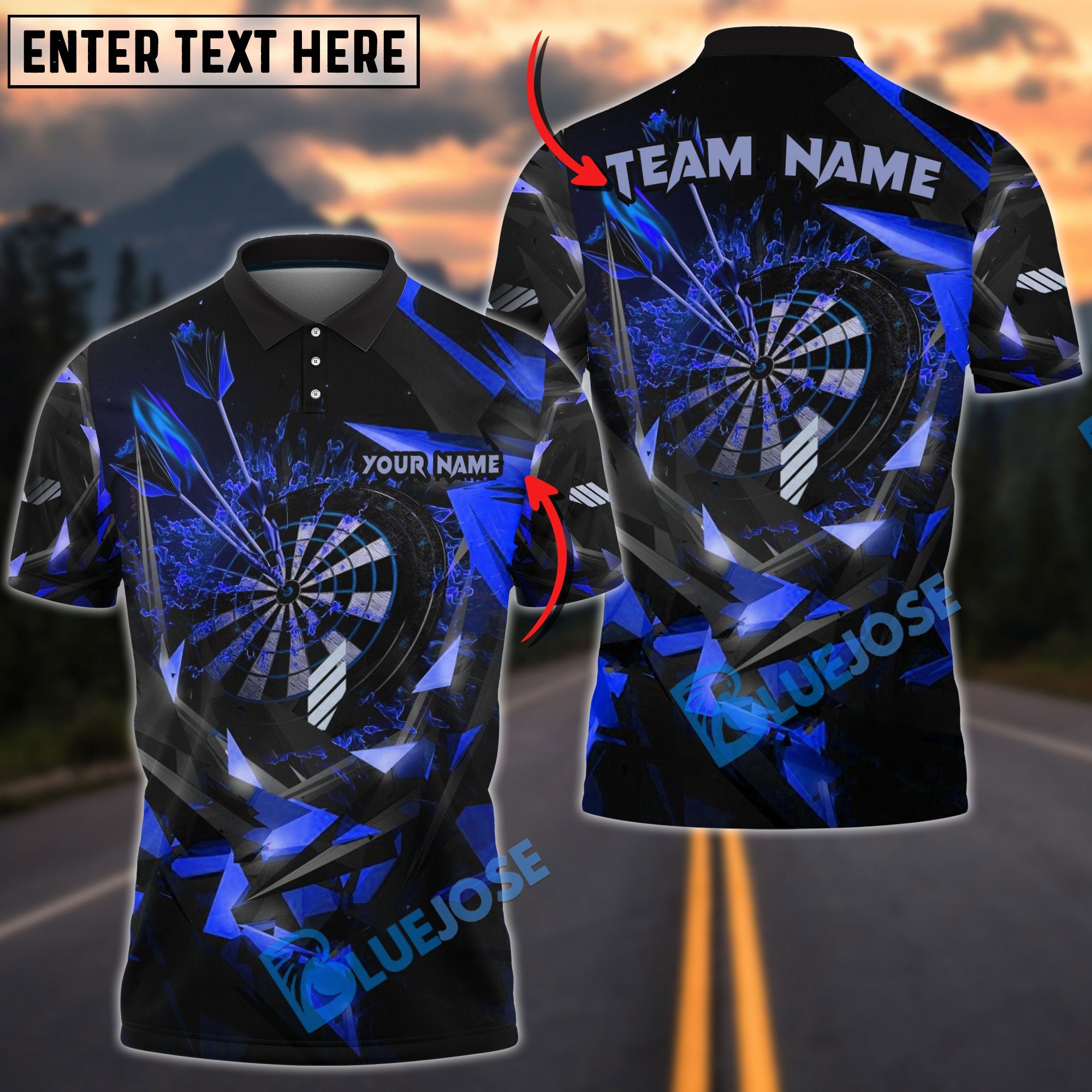BlueJose Thunder Rising Darts Personalized Name, Team Name Pocket Shirt (6 Colors)