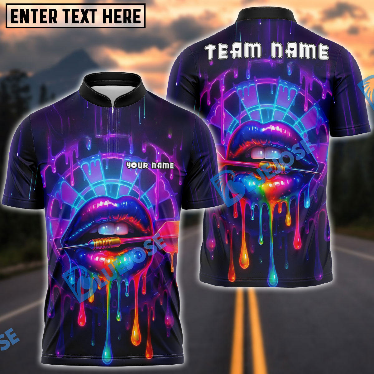 BlueJose Darts Neon Lips Rainbow Drip Personalized Name, Team Name Unisex Shirt (4 Colors)