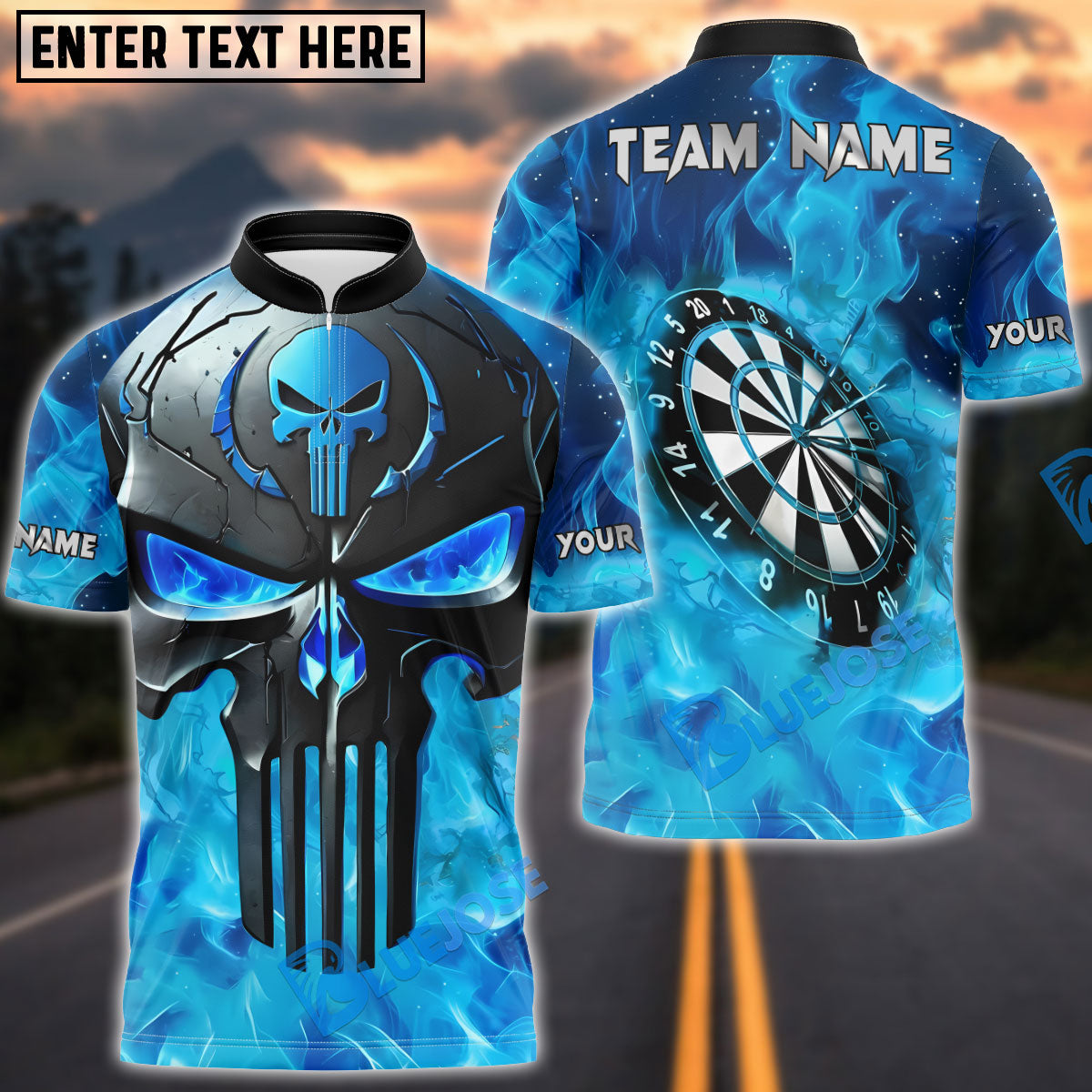 BlueJose Darts Skull Punisher Flame Customized Name, Team Name 3D Shirt (4 Colors)