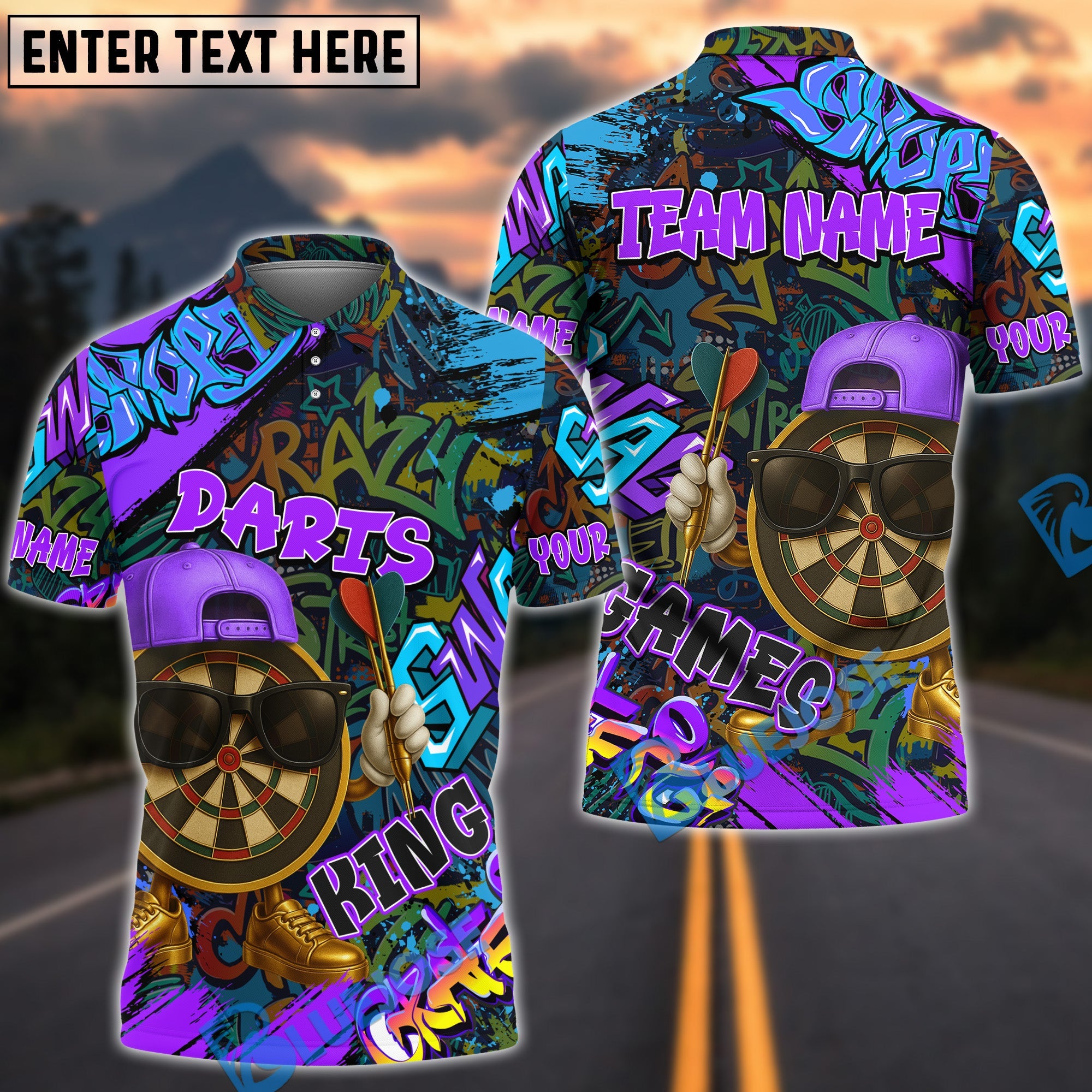 BlueJose Darts Funny Graffiti Cool Aim Crew Multicolor Options Personalized Name Shirt (4 Colors)