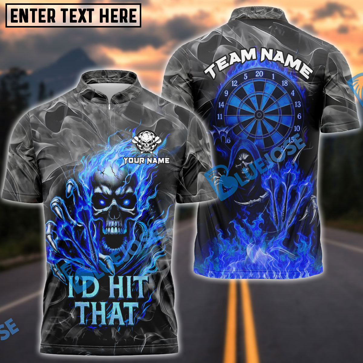 BlueJose Darts Flame Skull "I'd Hit That" Personalized Name, Team Name Unisex Shirt (4 Colors)