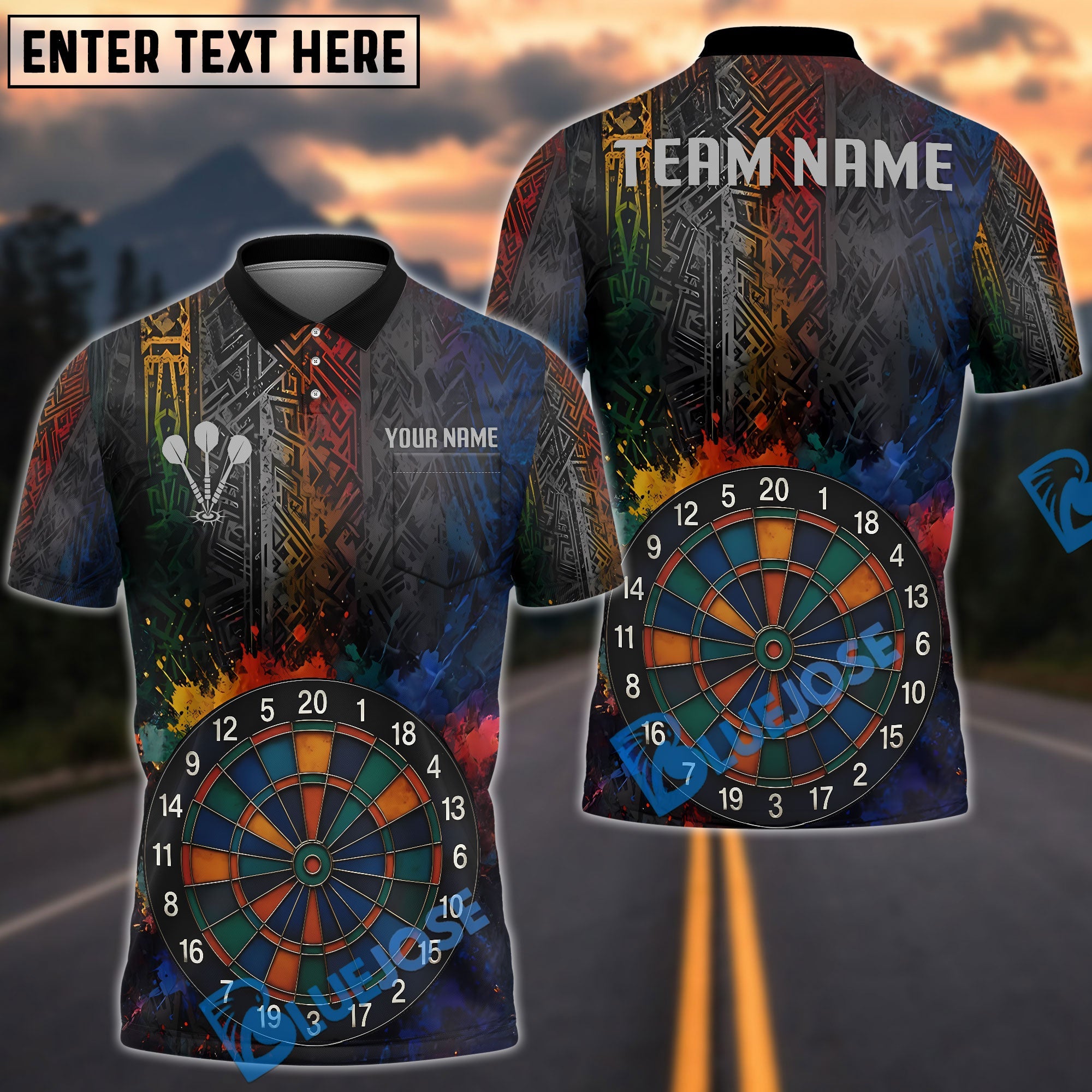 BlueJose Darts Tribal Splash Colorful Precision Personalized Name, Team Name Shirt