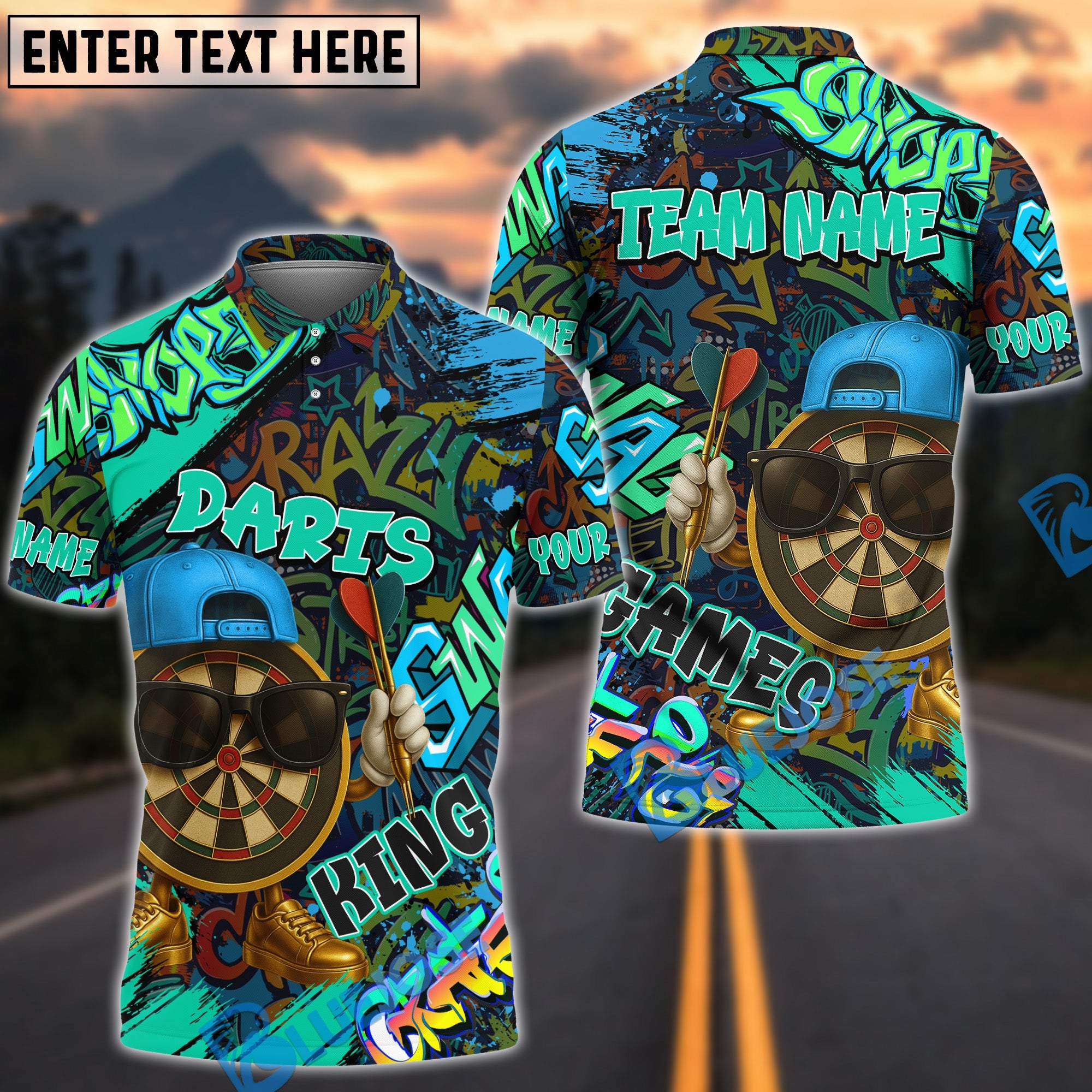 BlueJose Darts Funny Graffiti Cool Aim Crew Multicolor Options Personalized Name Shirt (4 Colors)
