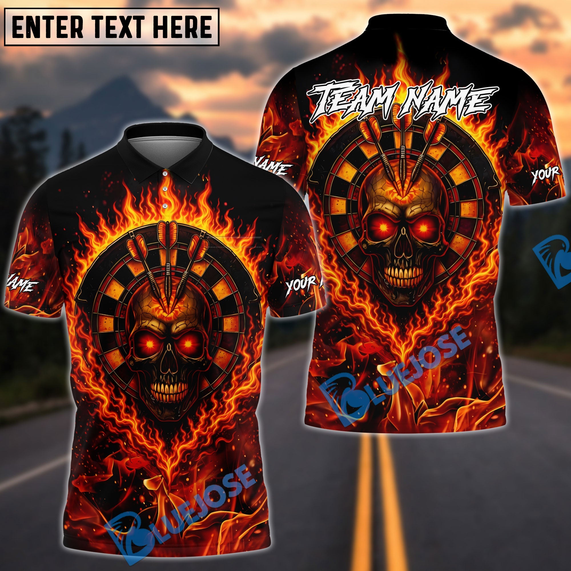BlueJose Darts Flaming Skull Target Design Multicolor Options Personalized Name Shirt (4 Colors)