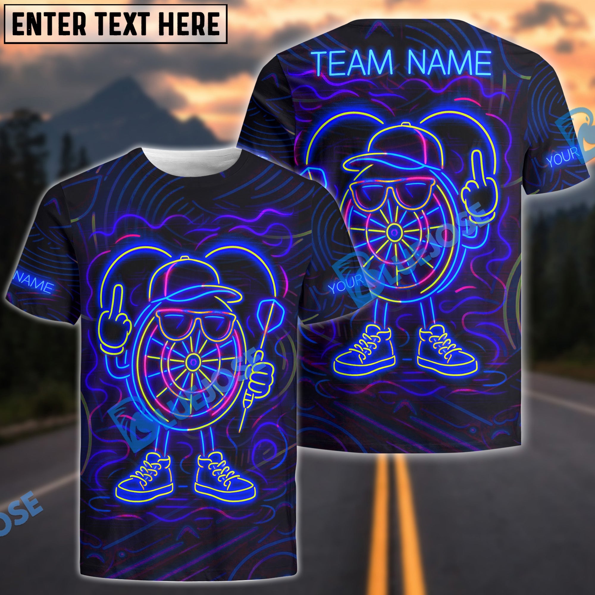 BlueJose Darts Neon Dartboard Champion Personalized Name, Team Name Shirt (4 Colors)