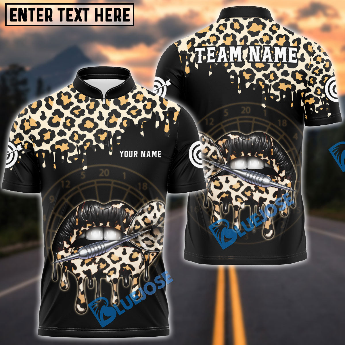 BlueJose Darts Leopard Lips Dartboard Personalized Name, Team Name Shirt (6 Colors)