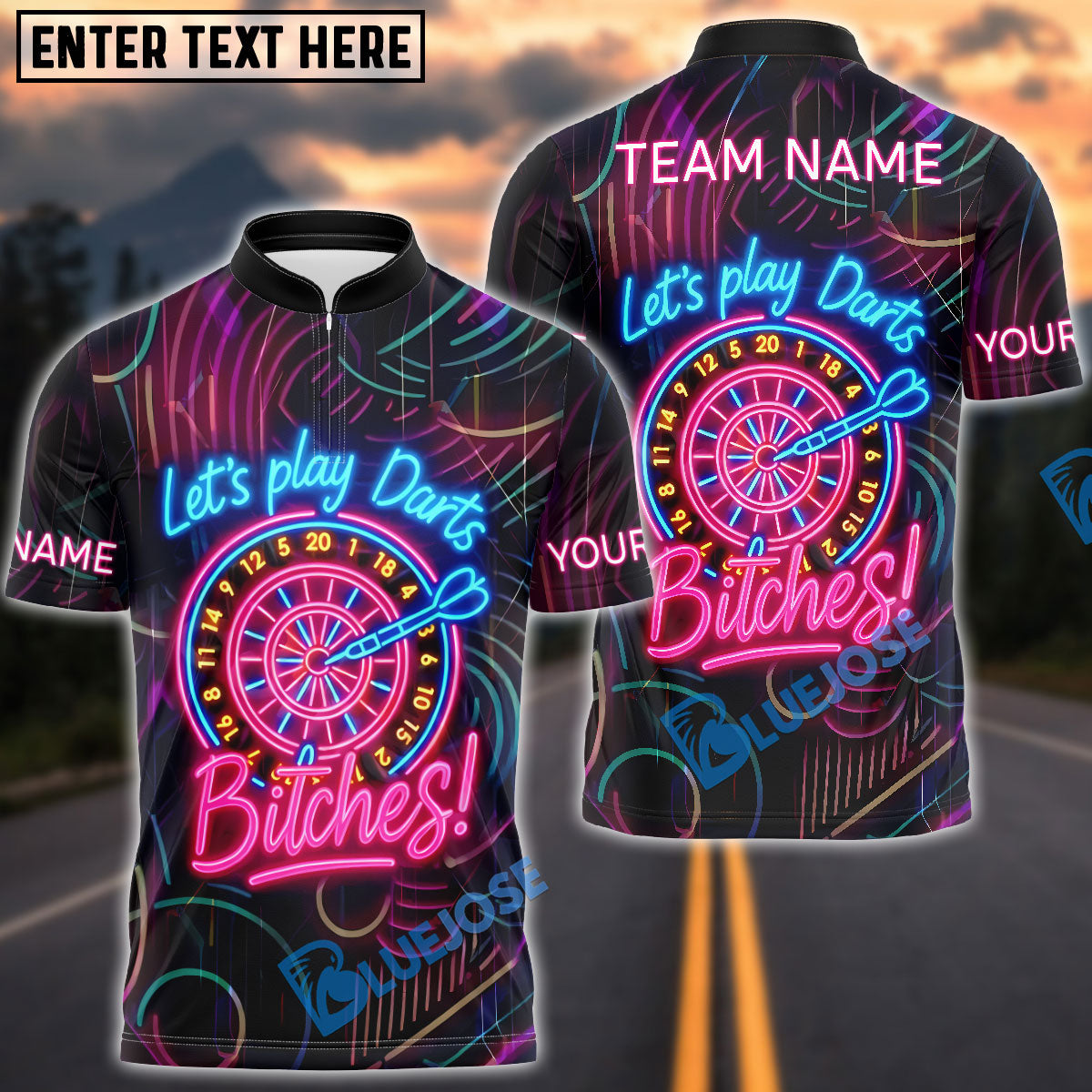BlueJose Darts Let‚Äôs Play Darts Neon Attitude Style Personalized Name, Team Name Shirt