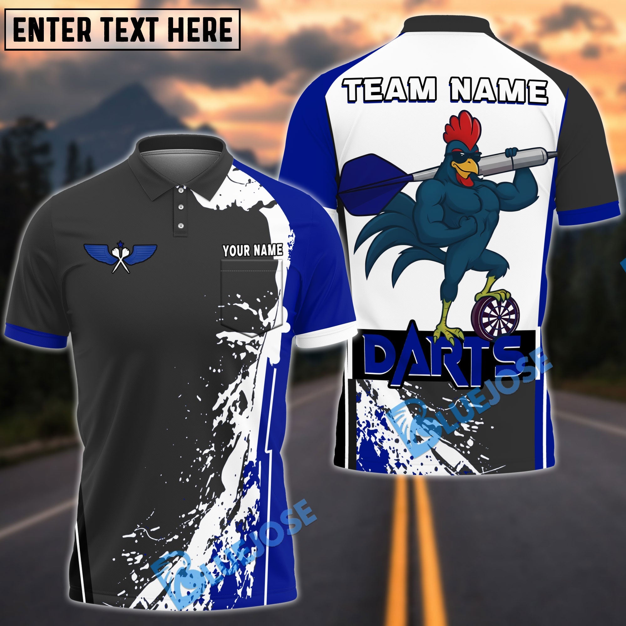 BlueJose Darts Strong Rooster Personalized Name, Team Name Shirt (4 Colors)