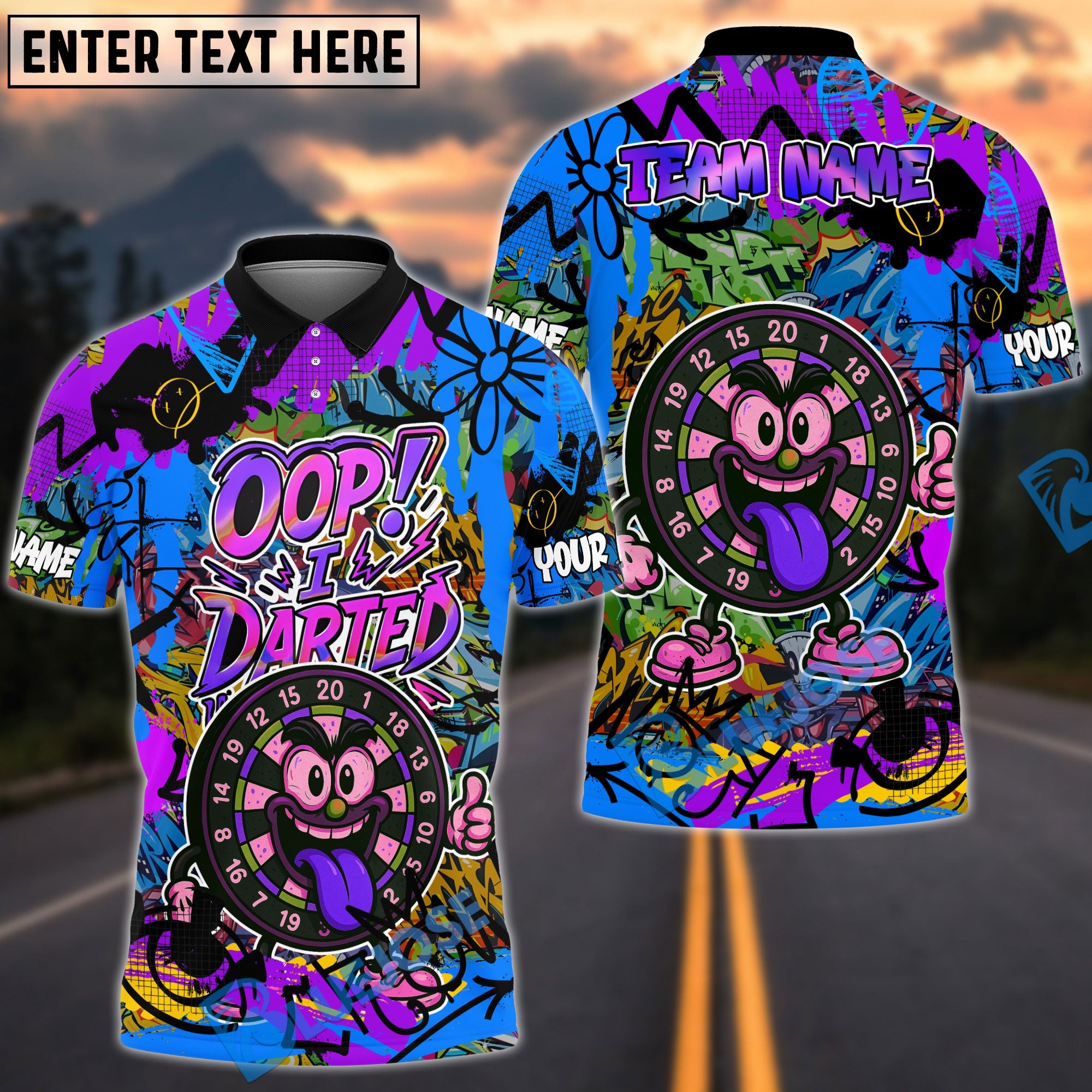 BlueJose Darts Funny Graffiti Oop! I Darted Multicolor Options Personalized Name Shirt (4 Colors)