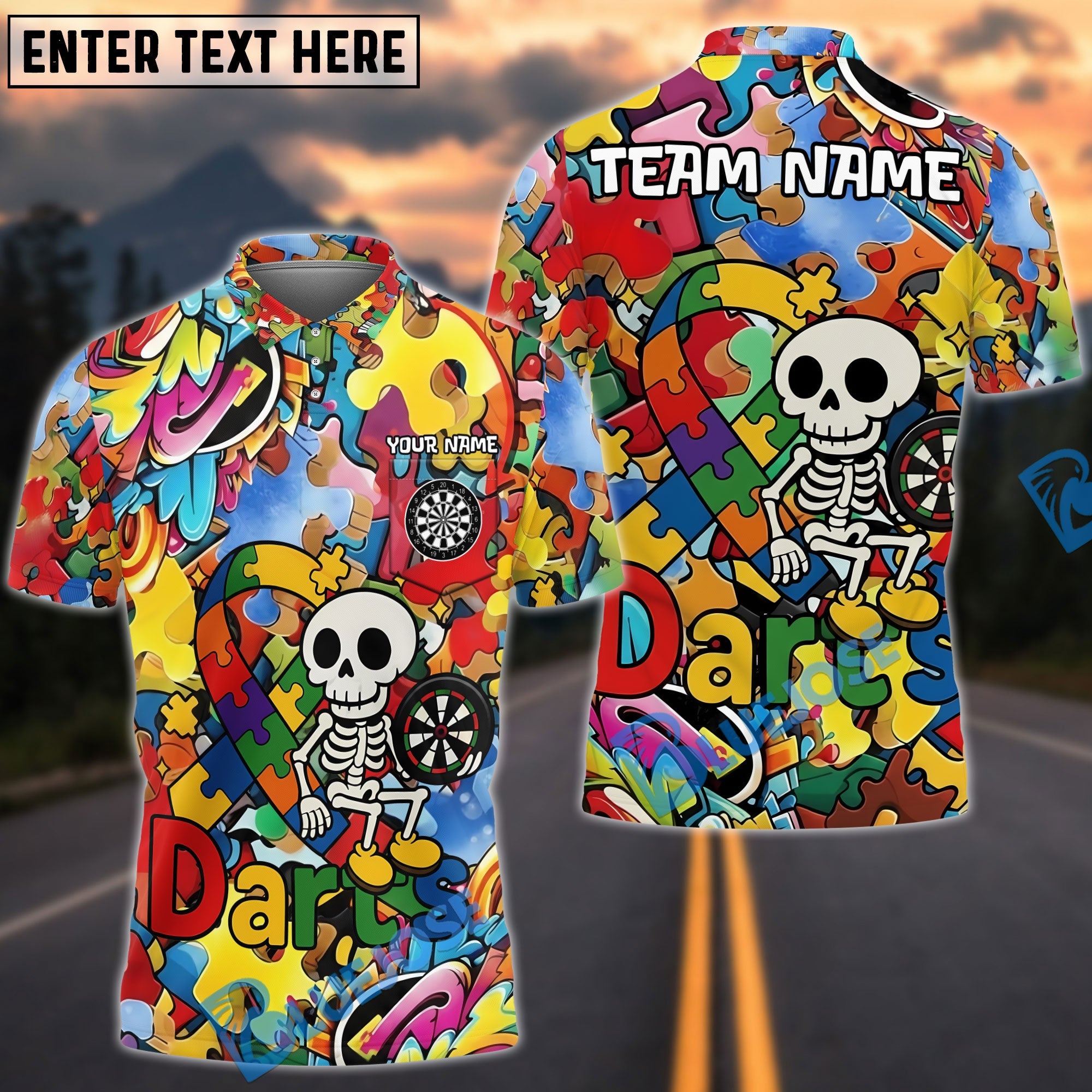 BlueJose Darts Skull Colorful Puzzle Cartoon Autism Awareness Personalized Name, Team Name Shirt