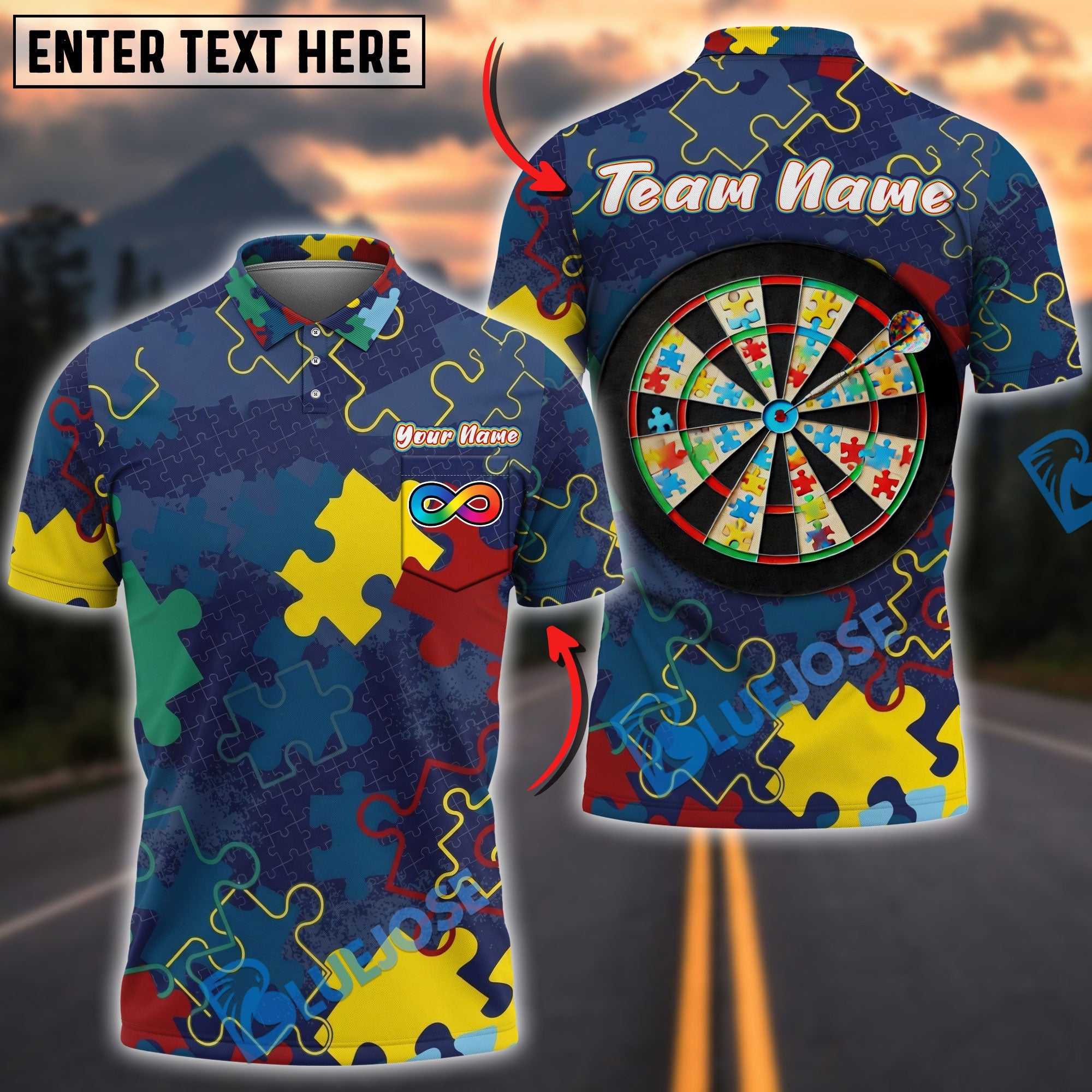 BlueJose Darts Autism Awareness Puzzle Dartboard Personalized Name Shirt
