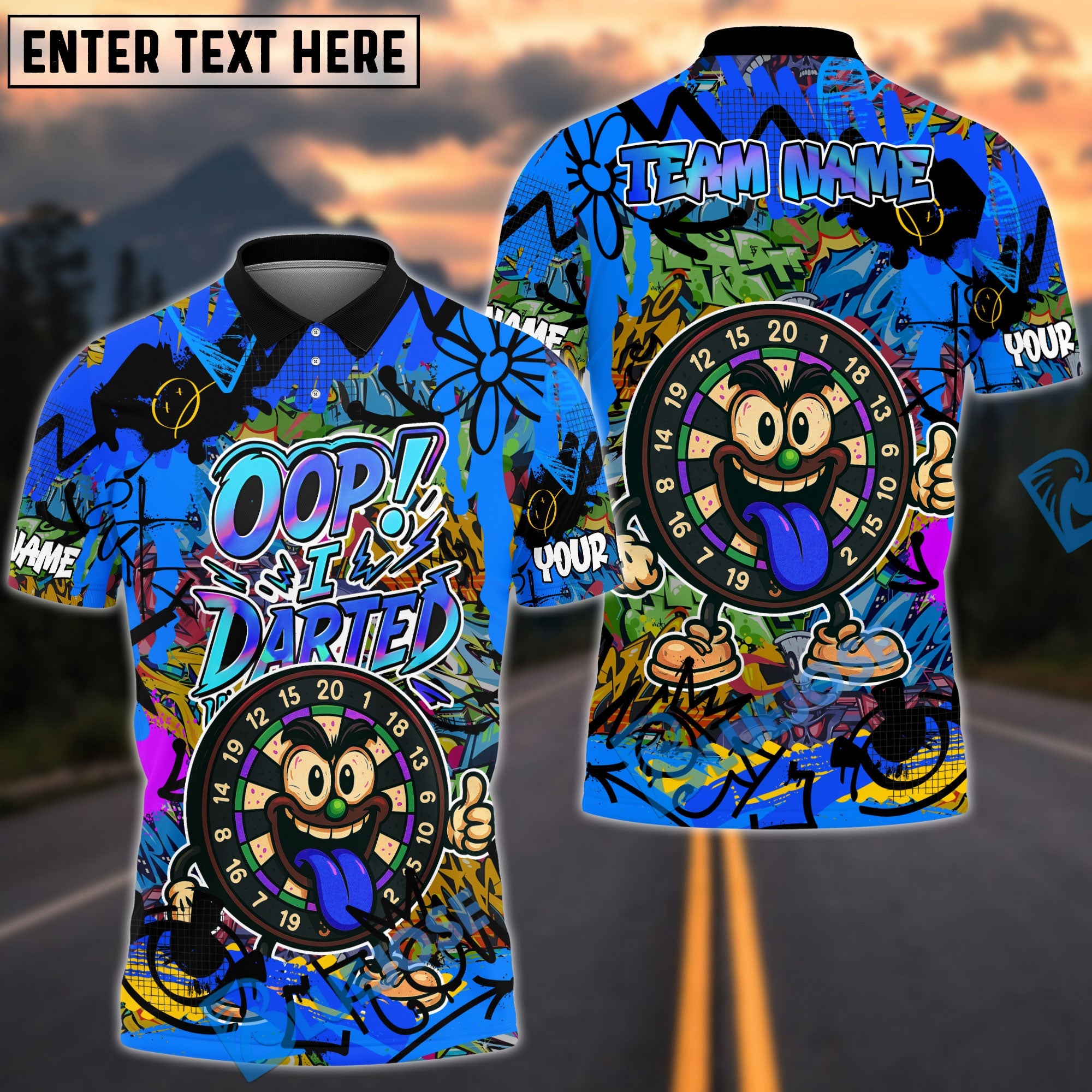 BlueJose Darts Funny Graffiti Oop! I Darted Multicolor Options Personalized Name Shirt (4 Colors)