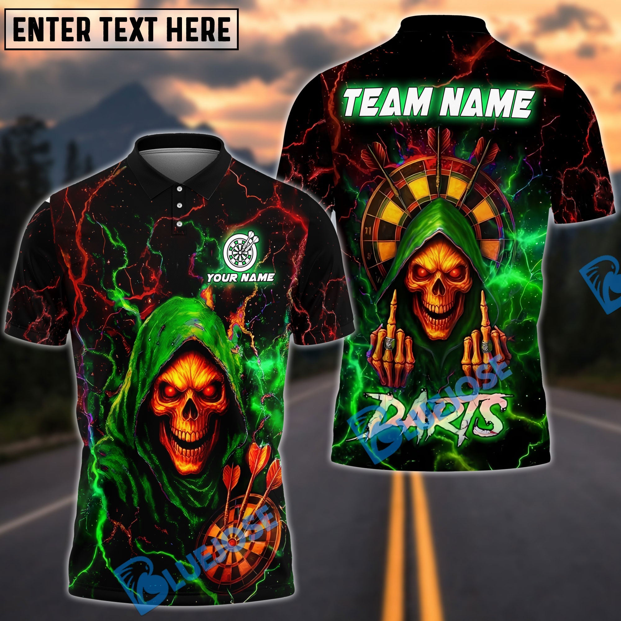 BlueJose Darts Grim Reaper Neon Lightning Customized Name, Team Name 3D Shirt (4 Colors)