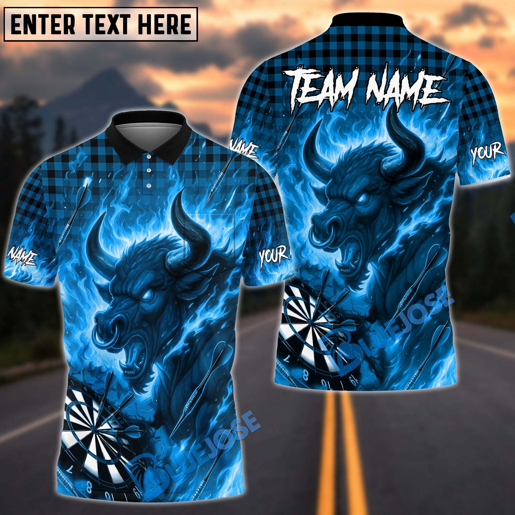 BlueJose Darts Bull Fire Flames Caro Pattern Multicolor Options Personalized Name Shirt (4 Colors)