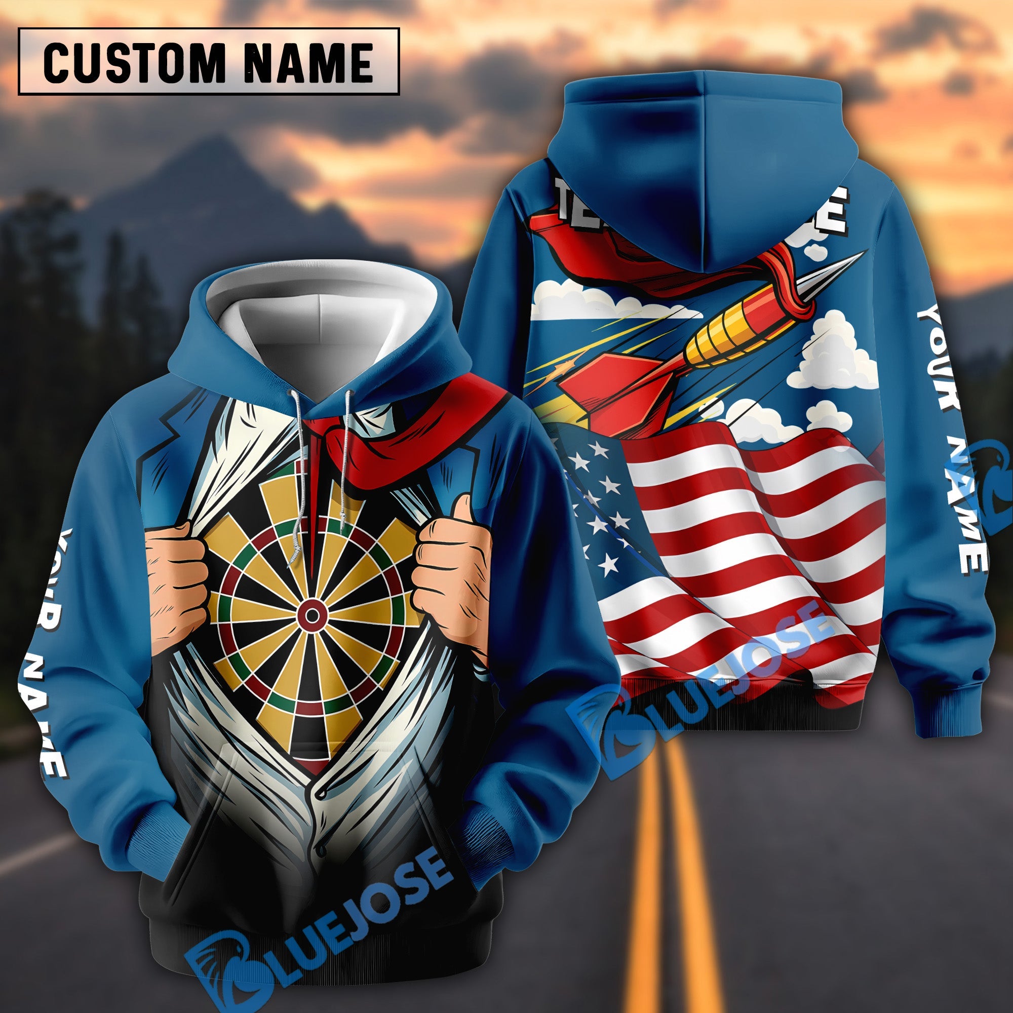 BlueJose Darts American Super Arrow Man Personalized Name Shirt